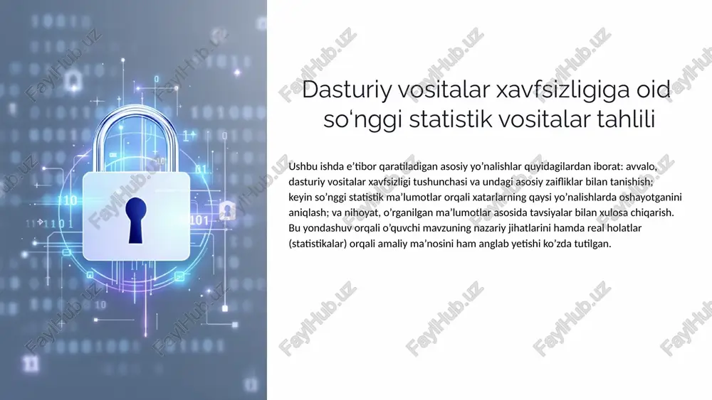 azasida qayd etilgan zaifliklar 33% yuqori xavf aniqlangan zaifliklarning yuqori xavf darajasiga ega qismi 40% uchinchi tomon zaifliklarning uchinchi tomon kutubxonalarida aniqlangan qismi 37% ransomware o'sishi ransomware hujumlari 2024 yilda o'tgan yilga nisbatan o'sish 5 moliyaviy ta'sir va yo'qotishlar global yo'qotishlar 2025 yilga kelib kiberxavfsizlik sohasidagi global yo'qotishlar 12 trillion aqsh dollaridan oshishi kutilmoqda. ma'lumotlar buzilishi ma'lumotlar buzilishi hodisasining o'rtacha narxi 4,45 million dollarni tashkil etadi. bu 2020 yilga nisbatan 15 foizga yuqori. insayder tahdidlar insayder tahdidlar sababli keltirilgan o'rtacha zarar har bir tashkilot uchun 8,76 million aqsh dollarini tashkil etadi. 6 owasp top 10: eng ko'p uchraydigan zaifliklar 1 broken access control ruxsatlar va kirish huquqlarini noto'g'ri boshqarish 2 cryptographic failures shifrlash mexanizmlarining zaif yoki noto'g'ri qo'llanilishi 3 injection hujumlari sql, xss va boshqa injeksiya turlari orqali kod kiritish 4 security misconfiguration xavfsizlik sozlamalarining noto'g'ri konfiguratsiyasi 7 xavfsizlikni ta'minlash: asosiy tamoyillar xavfsizlikni loyihadan boshla "secure by design" tamoyiliga amal …