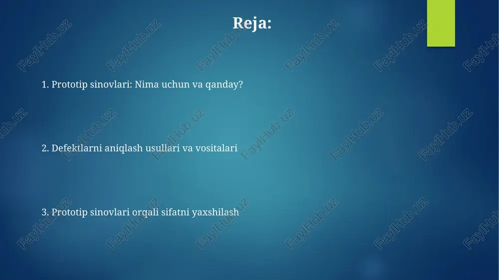 orlik funksiyadagi mantiqiy xatolarni aniqlash uchun. dinamik tahlil kodni turli test senariylarida ishga tushirishni o'z ichiga oladi, bu esa 95% holatlarda xatolarni topadi va xotira oqishi yoki ishlash bilan bog'liq 4.2 soniyalik muammolarni aniqlashga yordam beradi. sinov jarayoni "sinov jarayoni" dasturiy ta'minotni yaratishning muhim bosqichidir. u har bir modulning funksionalligi va integratsiyasini, shuningdek, umumiy talablarga javob berishini ta'minlaydi. "sinov jarayoni" da turli metodologiyalar qo'llaniladi, masalan, qora quti sinovi (black-box testing) va oq quti sinovi (white-box testing), ularning har biri dasturiy ta'minotning turli jihatlarini tekshiradi. sinov natijalarini tahlil qilish prototip sinovlaridan olingan ma'lumotlar, masalan, muvaffaqiyat darajasi (85%) va xato soni (12 ta), tendensiyalarni aniqlash uchun vizualizatsiya orqali chuqur tahlil qilinadi. sinov natijalari, masalan, 90% foydalanuvchi qulayligi reytingi va 5 soniyali oʻrtacha yuklanish vaqti, maqsadli meʼyorlar bilan taqqoslanadi va tafovutlar hisobot qilinadi. muvaffaqiyatli sinov strategiyalari muammolarni erta aniqlash uchun erta prototip sinovlari xavflarni kamaytiradi va dizaynni takomillashtiradi, ishlab chiqish vaqtini 15% gacha …