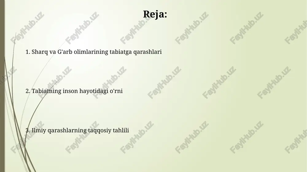 nib qoldi. ekologik muammolar: sharq va g'arbiy javoblar sharqiy javoblar resurslarni konservatsiya qilishga, an'anaviy amaliyotlarga, masalan, agroekologiyaga e'tibor qaratadi, chiqindilarni minimallashtirishga harakat qiladi. g'arb javoblari texnologik innovatsiyalarga, masalan, qayta tiklanadigan energiya manbalariga va samaradorroq energiya iste'moliga ko'proq e'tibor qaratadi. tabiatni saqlash bo'yicha sharq amaliyotlari sharq amaliyotlarida 'feng shui' 3000 yildan ziyod tarixga ega bo'lib, makonni uyg'unlashtirib, tabiat bilan muvozanatni ta'minlashga qaratilgan. ayurveda tibbiyoti, 5000 yillik tarixga ega, inson salomatligini tabiat elementlari bilan uyg'unlashtirish orqali mustahkamlashga urg'u beradi. g'arbda tabiatni muhofaza qilish strategiyalari yevropa ittifoqining “tabiat 2000” tarmog‘i muhim hududlarni aniqlab, ularni muhofaza qilish uchun huquqiy asos yaratadi va 1979-yildagi qushlar direktivasini amalga oshirishga yordam beradi. aqshning endangered species act (esa) yo'qolib ketish xavfi ostida turgan turlarni himoya qiladi, ularning yashash joylarini saqlash va tiklash bo'yicha harakatlarni tartibga soladi. sharq va g'arbiy tibbiyotda tabiat sharq tibbiyoti tabiatni 5 element (suv, olov, yog'och, metall, tuproq) muvozanati deb biladi, bu muvozanat buzilishi kasalliklarni …