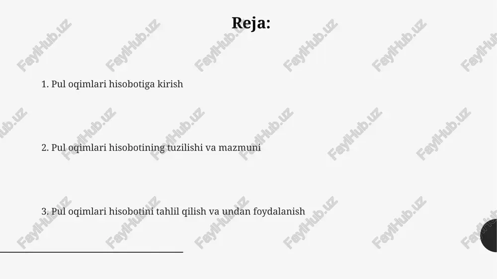 irish orqali hisoblanadi. moliyaviy tahlilchilar pul oqimi hisobotini likvidlikni baholash uchun ishlatadi, jumladan joriy aktivlar va joriy majburiyatlar o'rtasidagi balansni tahlil qilish orqali 1:1 dan yuqori bo'lishi lozim. e'tiboringiz uchun rahmat @taqdimot_robot image1.png