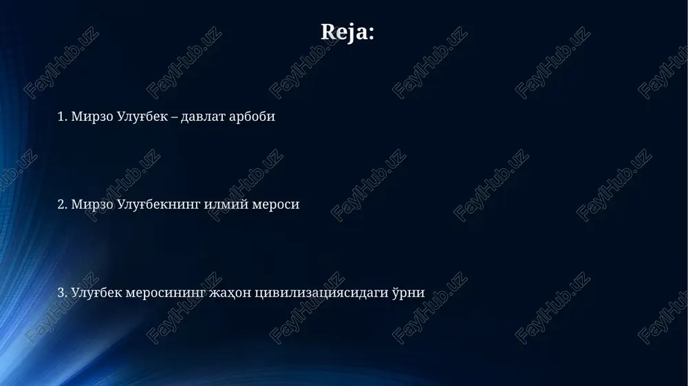 20-yillarda qurilgan boʻlib, uning asosiy asbobi 40 metrdan ortiq radiusga ega boʻlgan devoriy kvadrant edi, bu astronomik kuzatuvlar aniqligini oshirgan. rasadxona koordinatalarini aniqlashda ulugʻbekning oʻzi qatnashgan, uning joylashuvi 37°04′ shimoliy kenglik va 66°57′ sharqiy uzunlikda boʻlganligi hisoblangan. astronomiyaga qo'shgan hissasi ulug'bekning "ziji jadidi ko'ragoniy" asari astronomiyada muhim ahamiyatga ega bo'lib, unda 1018 ta yulduzning koordinatalari aniqlik bilan keltirilgan, bu o'sha davr uchun juda katta yutuq edi. ulug'bek samarqand rasadxonasida quyosh, oy va boshqa sayyoralarning harakatini kuzatish orqali yil uzunligini 365 kun, 6 soat, 10 daqiqa va 8 sekund aniqlikda belgiladi, bu grigoriy taqvimidan ham aniqroq edi. matematika va geometriyadagi yutuqlari ulug‘bekning 'ziji jadidi ko‘ragoniy' asarida sinus va tangenslar jadvali katta aniqlikda keltirilgan, masalan, sinus 1 darajaning qiymati 8 kasr belgisigacha to‘g‘ri hisoblangan. ulug‘bekning geometriya sohasidagi eng katta yutug‘i uning samarqand rasadxonasida qurgan ulkan kvadranti bo‘lib, u yordamida osmon jismlarining koordinatalari yuqori aniqlikda o‘lchangan. ulug'bekning ilmiy maktabi ulug'bekning ilmiy maktabida 100 …