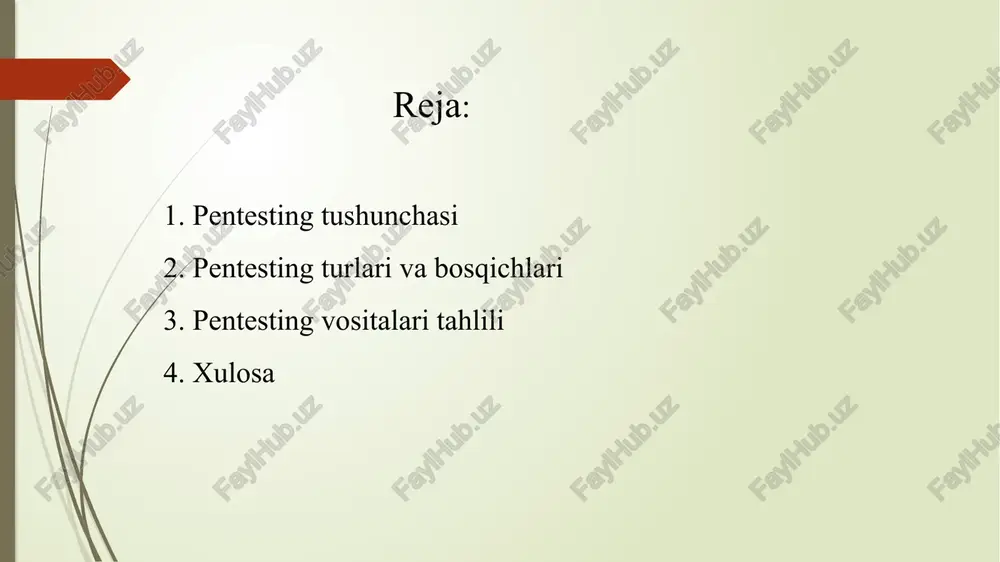 ganish yoki orqa eshik (backdoor) o‘rnatish kabi harakatlar bajariladi. 8. hisobot (reporting) – barcha natijalar, topilgan zaifliklar va ularni bartaraf etish tavsiyalari hujjatlashtiriladi. pentesting vositalari tahlili 1. nmap — port va servis skaneri; tez va ishonchli, ammo ids/ips tomonidan sezilishi mumkin. 2. wireshark / tcpdump — tarmoq paketlarini tutish va tahlil; batafsil, lekin shifrlangan trafikni oson tahlil qilib bo‘lmaydi. 3. burp suite — web-ilova testing (proxy, repeater, scanner); qo‘lda testlar uchun kuchli, pro versiyasi pullik. 4. owasp zap — ochiq kodli web skaner; bepul va ci integratsiyaga mos, ba’zan nozik aniqlik yetishmaydi. nmap asosiy vazifalari: 1. maqsad: hostlarda ochiq portlarni aniqlash. 2. xizmat va versiya aniqlash (service/version detection). 3. operatsion tizimni aniqlash (os fingerprinting). 4. tarmoq xaritasini tuzish va skriptlar yordamida chuqur tekshiruv (nse — nmap scripting engine). afzalliklari: 1. moslashuvchan va keng konfiguratsiyalanadi. 2. keng qo‘llab-quvvatlanadigan scan turlari va skriptlar. 3. ko‘p holatlarda pentest starti uchun asosiy vosita. xulosa …