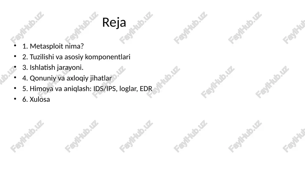 y ruxsatlar kerakligini misollar bilan tushuntiring. mudofaa va aniqlash (detection) tarmoq monitoringi: ids/ips qoidalari, anomal trafik tahlili. endpoint monitoring: edr, protsess/yaratish loglari, dll injeksiyasiga oid anomaliyalar. loglarni markazlashtirish (siem) va indikatorlar (iocs). qanday signal yoki anomaliyalar metasploit-aktivitetiga ishora qilishi mumkinligini high-level ko'rsating. mitigatsiya va qattiq konfiguratsiya os va ilovalarni yangilab borish (patch management). minimal huquq printsipi, servislarni cheklash. network segmentation va mfa (ko'p faktorli autentifikatsiya). amaliy choralar: nima qilinsa tizimlar himoyalanadi — aniq, bajarish mumkin bo'lgan tavsiyalar. xavfsiz amaliyot muhiti ajratilgan virtual muhit: lokal vm yoki sandbox. foydalaniladigan test-target: metasploitable yoki intentionally vulnerable vms (faqat qonuniy va izolyatsiyalangan). tarmoqni nat yoki host-only holatda saqlash; real tarmoqqa chiqishni bloklash. lab yaratishda xavfsizlik choralari haqida gapiring — hech qachon real tizimlarda sinov o'tkazmang. xulosa metasploit — xavfsizlik tahlili va zaiflikni aniqlash uchun kuchli modul-asosidagi framework bo‘lib, to‘g‘ri va etik tarzda ishlatilsa tashkilotlarga zaifliklarni aniqlash, detection qoidalarini sinash va remediyatsiya jarayonlarini yaxshilashda katta …