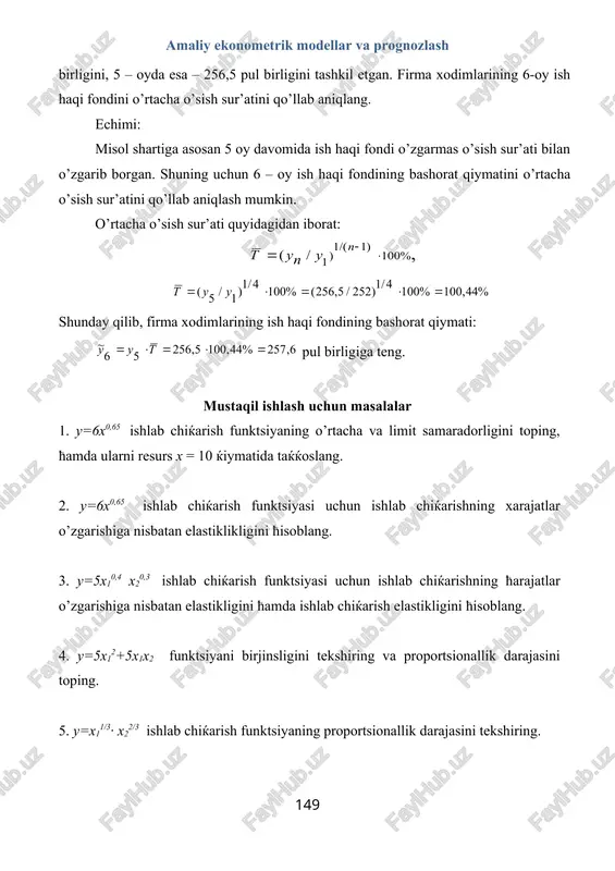 uchun ishlab chiќarishning ћarajatlar o’zgarishiga nisbatan elastikligini ћamda ishlab chiќarish elastikligini ћisoblang. 4. y=5x12+5x1x2 funktsiyani birjinsligini tekshiring va proportsionallik darajasini toping. 5. y=x11/3· x22/3 ishlab chiќarish funktsiyaning proportsionallik darajasini tekshiring. 6. y=x10,75+ x20,25 ishlab chiќarish funktsiyasi ћamda w=11x1+9x2 ћarajatlar funktsiyasi berilgan. (4;5) nuќtada o’rtacha va limit ћarajatlarni toping. 7. kobb-duglas funktsiyasi berilgan. berilgan funktsiya uchun a1, a2, m1, m2 larni ћisoblang. 8. y=α0+α1x1+ α2x2 chiziќli ishlab chiќarish funktsiyasi uchun a1, a2, m1, m2 larni ћisoblang. 9. kobb-duglas funktsiyasi va y= α1x1+ α2x2 chiziќli ishlab chiќarish funktsiyasi uchun e1(x), e2(x) va e(x) elastikliklarini ћisoblang. 10. kobb – duglas funktsiyasi uchun resurslarni almashtirish limit normasi aniќlansin. 11. korxona to’rtta tarmokdan iborat: ishlab chiќarish vektori va to’ѓri ћarajatlar koeffitsientlari matritsasi ќuyidagicha bo’lsa embed equation.3 , . tarmoќdan tashќarida foydalanish uchun mo’ljallangan yakuniy istemol ћajmi vektorini toping. 12. korxona uch turdagi xom ashyodan uch turdagi maћsulot ishlab chiќaradi, ishlab chiќarish ko’rsatkichlari jadvalda keltirilgan. xom …