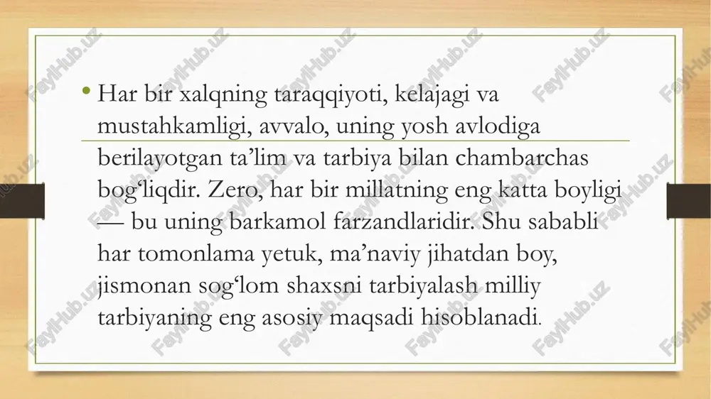 idagi o‘rni naqadar muhimligini ta’kidlagan. • ahmad donish esa yoshlarni fikr yuritishga, tafakkurini kengaytirishga, o‘z xalqiga foyda keltiruvchi inson bo‘lishga da’vat etgan. abu nasr forobiy “fozil shahar ahli” asarida insonni aqliy, axloqiy va jismoniy jihatdan tarbiyalashning ahamiyatini chuqur tahlil qilib bergan. unga ko‘ra, chinakam baxtli jamiyat — bu barkamol insonlardan tashkil topgan jamiyatdir. • bu fikrlar milliy tarbiyaning asl mohiyatini ochib beradi. zero, barkamol shaxs – bu nafaqat o‘z hayoti, balki xalqining kelajagi uchun javobgar insondir. u yurt ravnaqi, tinchligi va taraqqiyoti yo‘lida o‘z bilimini, kuchini ayamasdan xizmat qiladi. xulosa • xulosa qilib aytganda, har tomonlama barkamol shaxsni shakllantirish – bu milliy tarbiyaning bosh maqsadi, davlat siyosatining eng muhim yo‘nalishidir. barkamol inson – millatning yuzini yoritar, vatan kelajagini yorituvchi quyoshdir. har birimiz ana shunday inson bo‘lishga intilishimiz kerak. e’tiboringiz uchun rahmat