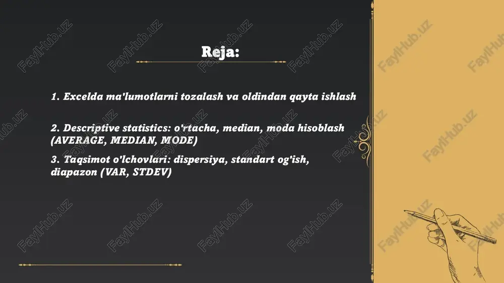 ash va tartiblash, bin oraliqlarini aniqlash. excel frequency funksiyasi yoki data analysis toolpak yordamida chastota jadvali hosil qilish. yangi excel versiyasida insert→charts→histogram bilan diagramma yaratish. bin kengligi va chegaralarini sozlash, nisbiy chastota yoki foizlarni hisoblash, kümülativ chastota qo’shish. pivottable orqali guruhlash va count funksiyasidan foydalanish. diagramma sarlavhasi, o’qlar yorliqlari, ma’lumot yorliqlari va ranglarni formatlash. ma’lumot yangilanganda diagrammani yangilash. ... t.me/slaydai_bot 1) pivot jadval yaratish: ma’lumotlar jadvali tanlanib insert -> pivottable. 2) maydonlarni joylashtirish: rows, columns, values, filters orqali guruhlash va agregatsiya. 3) aggregatsiya funksiyalari: sum, count, average, min, max. 4) guruhlash: sanani oy/kvartal bo‘yicha, sonlarni diapazonlarga guruhlash. 5) qo‘shimcha: value field settings orqali foiz, running total, hisoblangan maydonlar. 6) vizualizatsiya: pivot chart va slicers yordamida interaktiv filtrlar; hisobotni refresh qilish. ... t.me/slaydai_bot count: raqamli qiymatlari bo‘lgan hujayralarni sanaydi; sintaksis =count(hudud). countif: bitta shartga asoslangan filtr va sanash; sintaksis =countif(hudud, shart); misol =countif(b2:b100,">50") natija 0 yoki ko‘proq. countifs: bir nechta shartlar …