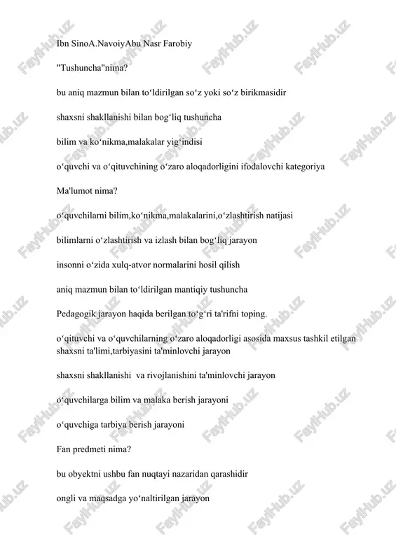 dagogika fanining funksiyalari qaysilar? umumnazariykonstruktivtashxislovchiamaliy umumnazariytarbiyaviyamaliy tashxislovchitarbiyalovchirivojlantiruvchiamaliy umumnazariykonstrukrivrefleksivamaliy pedagogika fanining asosiy kategoriyalari qaysilar? pedagogik jarayonta'limtarbiyarivojlanishmaʼlumot tushuncha,pedagogik jarayonmaʼlumottarbiya taʼlim tarbiyapedagogik jarayon ta'lim tarbiya maʼlumotbola pedagogika fanlar tizimi toʻgʻri koʻrsatilgan qatorni toping. umumiy pedagogikamaxsus pedagogikaijtimoiy pedagogika qiyosiy pedagogikaxalq pedagogikasiyosh pedagogikasioila pedagogikasi xalq pedagogikasi umumiy pedagogikamaxsus pedagogikaijtimoiy pedagogika qiyosiy pedagogikaxalq pedagogikasiyosh pedagogikasioila pedagogikasi pedagogika tarixipedagogika nazariyasipedagogik akseologiyaqiyosiy pedagogikayosh pedagogikasi xalq pedagogikasiyosh pedagogikasimaxsus pedagogika surdopedagogika pedagogikaning xususiy nazariyalariga qaysi olimlar nazariyalari kiradi? g.i.shukinam.i.maxmutovl.v.zankovv.v.davidovn.d.xmel g.i.shukinal.v.zankovn.d.xmel n.d.xmelkomenskiyushinskiy l.v.zankovg.i.shukinan.d.xmeli.pavlov pedagogikaning rivojlanishi 3-bosqichi qaysi olimlar nomi bilan bogʻliq? s.aziziym.behbudiya.avloniymunavvar qori abdurashidxonov a.fitrata.avloniysadiy sheroziy s.rajabovm.behbudiya.avloniys.aziziy s.aziziya.fitratm.behbudiys.rajabov oʻquvchilarning intellektual qobilyatlari va amaliy faoliyat malakalarini rivojlantirish gʻoyasini qaysi olim ilgari surgan? djon dyui v.okon b.blum d.bruner oʻzbekistonda pedagogika fani rivojlanishi necha bosqichga boʻlinadi? 5 3 4 6 "pedagogika fanining predmeti-kishilarning oʻzaro aloqasiga asoslangan,ta'lim-tarbiya jarayonlarining birligidan hosil boʻlgan bir butun pedagogik jarayon hisoblanadi"-ushbu ta'rif qaysi olimga tegishli? v.v.krayevskiy n.bennet v.okon b.blum ch.kupisevich qaysi nazariyalarni amaliy jihatdan boyitgan? muammoli ta'limdasturlashtirilgan ta'limta'lim texnologiyasita'lim nazariyasi …