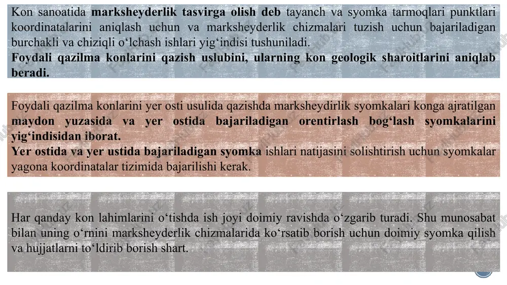 inatalar tizimi.hisoblash ishlari yassi to’g’ri burchakli koordinata tizimida bajarilgan sodda geometriya va trigonometriya formulalaridan foydalaniladi, bu formulalar geografik koordinatalar va fazoviy to’g’ri burchakli koordinata tizimlarida ishlatiladigan formulalardan soddaroq. qutbiy koordinata. agar to’g’ri burchakli koordinata tizimida o’zaro perpendikulyar (x)va (y) o’qlar o’rniga faqat (x) o’q va koordinata boshlanish nuqtasi(o) olinsa, qutbiy koordinata tizimi hosil bo’ladi. qo‘llanishi va o‘lchash uslubi bo‘yicha yer osti marksheyderlik syomkalarini - yer osti va yer usti teodolit syomkalari - orientirlash bog‘lash syomkalari -yer osti vertikal syomkalari -kesma va qazilma lahimlarini syomkalari -kon lahimlarini o‘lchash ishlari yer osti teodolit syomkalarida kon lahimlarida maxsus belgilar bilan mustahkamlab quyilgan punktlarning x, y koordinatalarini aniqlash uchun burchakli va chiziqli o‘lchash kompleksi bajariladi. orientirlash bog‘lash syomkalari yer osti syomkalari bilan yer usti syomkalari o‘rtasida geometrik aloqa o‘rnatib uning yordamida yer osti kon lahimlari va undagi punktlarning o‘rnini yagona koordinata sistemasida ya’ni yassi to‘g‘ri burchakli koordinatalar sistemasida aniqlashga imkon beradi. yer osti vertikal …