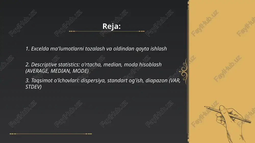 ash va tartiblash, bin oraliqlarini aniqlash. excel frequency funksiyasi yoki data analysis toolpak yordamida chastota jadvali hosil qilish. yangi excel versiyasida insert→charts→histogram bilan diagramma yaratish. bin kengligi va chegaralarini sozlash, nisbiy chastota yoki foizlarni hisoblash, kümülativ chastota qo’shish. pivottable orqali guruhlash va count funksiyasidan foydalanish. diagramma sarlavhasi, o’qlar yorliqlari, ma’lumot yorliqlari va ranglarni formatlash. ma’lumot yangilanganda diagrammani yangilash. ... t.me/slaydai_bot 1) pivot jadval yaratish: ma’lumotlar jadvali tanlanib insert -> pivottable. 2) maydonlarni joylashtirish: rows, columns, values, filters orqali guruhlash va agregatsiya. 3) aggregatsiya funksiyalari: sum, count, average, min, max. 4) guruhlash: sanani oy/kvartal bo‘yicha, sonlarni diapazonlarga guruhlash. 5) qo‘shimcha: value field settings orqali foiz, running total, hisoblangan maydonlar. 6) vizualizatsiya: pivot chart va slicers yordamida interaktiv filtrlar; hisobotni refresh qilish. ... t.me/slaydai_bot count: raqamli qiymatlari bo‘lgan hujayralarni sanaydi; sintaksis =count(hudud). countif: bitta shartga asoslangan filtr va sanash; sintaksis =countif(hudud, shart); misol =countif(b2:b100,">50") natija 0 yoki ko‘proq. countifs: bir nechta shartlar …