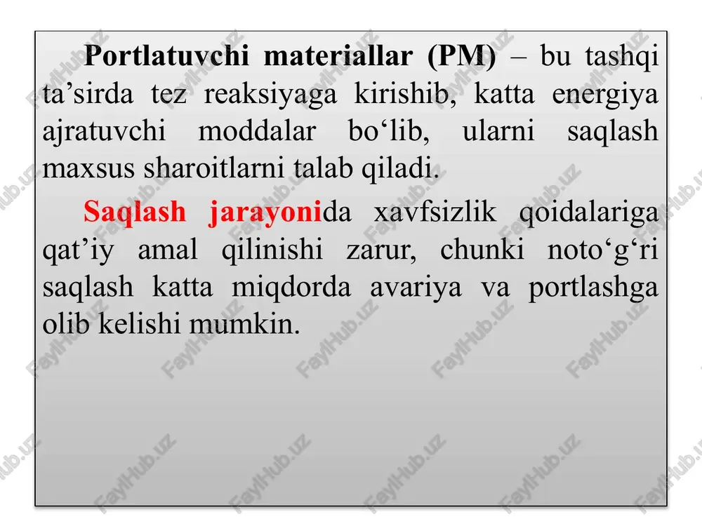 hudud yoki korxona ehtiyojlari uchun mo‘ljallangan. turli turdagi pm’lar alohida bo‘limlarda saqlanadi. oraliq (taqsimlovchi) omborlar markaziy ombor va kon maydonlari o‘rtasida joylashadi. portlovchi moddalar qisqa muddatli saqlanadi va keyinchalik ishlatishga yuboriladi. ishchi (operativ) omborlar bevosita kon hududida, ishlatish joyiga yaqin barpo etiladi. asosan kunlik ehtiyoj uchun mo‘ljallangan miqdor saqlanadi. saqlash sharoitiga ko‘ra quruq omborlar – namlikdan himoyalangan, issiqlik izolyatsiyalangan. maxsus sovitilgan omborlar – yuqori sezuvchan pm turlari uchun mo‘ljallangan. ajratilgan omborlar – initsiatorlar, kapsula va detonatorlar uchun alohida bo‘limlar. portlatuvchi materiallarni saqlash omborlari turli tiplarda bo‘lsada, ularning barchasi xavfsizlik me’yorlari va texnik talablar asosida barpo qilinadi. to‘g‘ri joylashuv, turkumlarga ajratish va nazorat qilish inson hayoti va ishlab chiqarish xavfsizligini ta’minlaydi. yer usti omborlari maxsus hududda, aholiden xavfsiz masofada joylashtiriladi. beton yoki g‘ishtdan qurilib, mustahkam eshik va derazalarga ega bo‘ladi. yon tomonlarda xavf belgilarini ko‘rsatish shart. ombor atrofi panjara bilan o‘raladi va qo‘riqlanadi. portlatuvchi materiallarni saqlashda xavfsizlik qoidalari portlovchi moddalarni alohida …