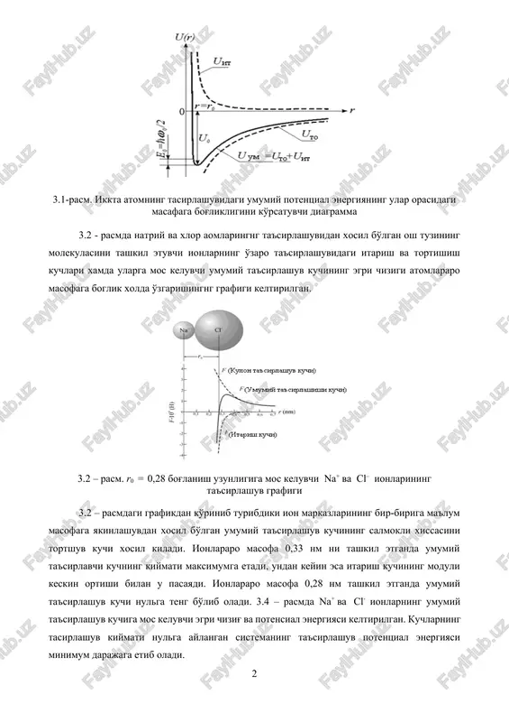 .2 - rasmda natriy va xlor aomlaringng ta'sirlashuvidan xosil bo'lgan osh tuzining molekulasini tashkil etuvchi ionlarning o'zaro ta'sirlashuvidagi itarish va tortishish kuchlari xamda ularga mos keluvchi umumiy ta'sirlashuv kuchining egri chizigi atomlararo masofaga boglik xolda o'zgarishingng grafigi keltirilgan. 3.2 – rasm. r0 = 0,28 bog'lanish uzunligiga mos keluvchi na+ va cl– ionlarining ta'sirlashuv grafigi 3.2 – rasmdagi grafikdan ko'rinib turibdiki ion markazlarining bir-biriga ma'lum masofaga yakinlashuvdan xosil bo'lgan umumiy ta'sirlashuv kuchining salmokli xissasini tortshuv kuchi xosil kiladi. ionlararo masofa 0,33 nm ni tashkil etganda umumiy ta'sirlavchi kuchning kiymati maksimumga etadi, undan keyin esa itarish kuchining moduli keskin ortishi bilan u pasayadi. ionlararo masofa 0,28 nm tashkil etganda umumiy ta'sirlashuv kuchi nulga teng bo'lib oladi. 3.4 – rasmda na+ va cl- ionlarning umumiy ta'sirlashuv kuchiga mos keluvchi egri chizig' va potensial energiyasi keltirilgan. kuchlarning tasirlashuv kiymati nulga aylangan sistemaning ta'sirlashuv potentsial energiyasi minimum darajaga etib oladi. 3.4 – rasm. na+ - …