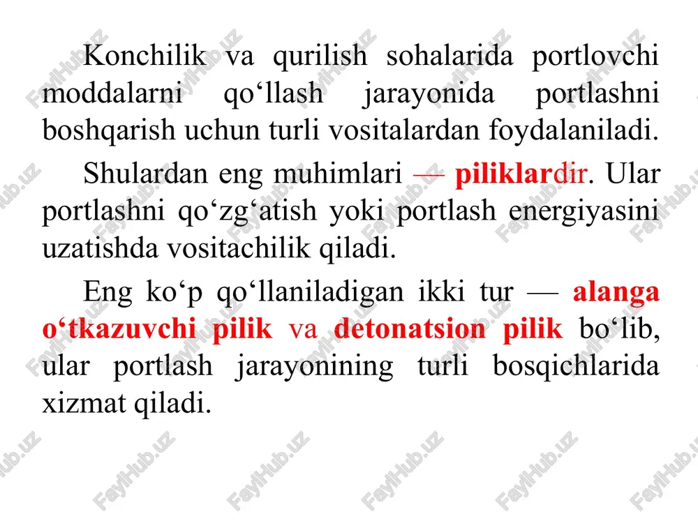 detonatsiya boshlanadi. turlari: oddiy alanga o‘tkazuvchi piliklar. himoyalangan (suv o‘tkazmaydigan) piliklar. vaqtni nazorat qilish imkoniyatiga ega piliklar. detonatsion pilik haqida umumiy tushuncha detonatsion pilik — tarkibida kuchli portlovchi modda (ko‘pincha petn – pentaeritrit tetranitrat) joylashtirilgan elastik shnur. asosiy vazifasi: portlash energiyasini supersonik tezlikda uzatish. portlash tezligi: 6000–7000 m/s. bir vaqtning o‘zida bir nechta zaryadlarni sinxron portlatish imkonini beradi. detonatsion pilikning tuzilishi, ishlash prinsipi va turlari tuzilishi: markaziy qismida petn yoki shunga o‘xshash sezuvchan portlovchi modda.ustki qismi metall yoki plastik qobiq bilan qoplangan. ishlash prinsipi: detonator yordamida pilikning bir uchi portlatiladi. portlash to‘lqini butun uzunligi bo‘ylab supersonik tezlikda tarqaladi.pilikka ulanib qo‘yilgan barcha zaryadlar bir vaqtning o‘zida portlaydi. turlari: past energiyali detonatsion piliklar (kichik sinxronlashtirish ishlari uchun).yuqori energiyali detonatsion piliklar (katta zaryadlarni qo‘zg‘atish uchun).suv o‘tkazmaydigan detonatsion piliklar. belgilari alanga o‘tkazuvchi pilik detonatsion pilik tarkibi yonuvchi aralashma petn (kuchli pm) jarayon turi yonish detonatsiya tezlik 1 sm/sek 6000–7000 m/s vazifasi alanga yetkazish detonatsiyani …