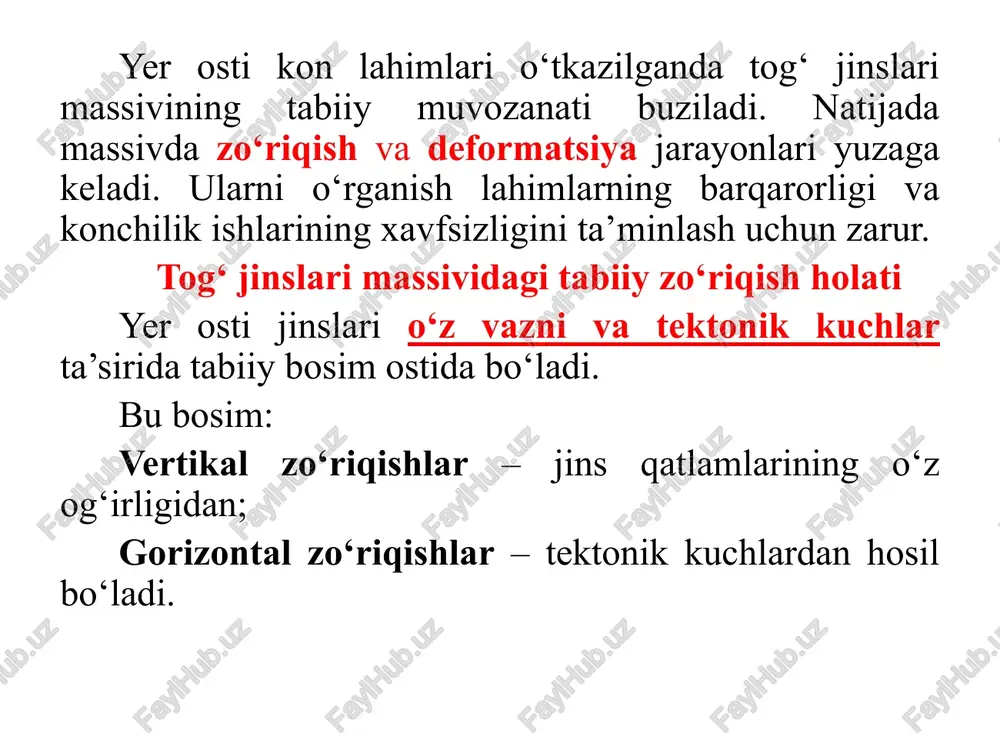 lar va uskunalar xavfsizligining pasayishi. konchilik ishlarida favqulodda holatlar va avariyalar. mustahkamlash va barqarorlashtirish usullari deformatsiyalarning oldini olish uchun lahimlar mustahkamlanadi: yog‘och mustahkamlash – vaqtincha barqarorlik uchun. metall ramalar – bosim yuqori bo‘lgan joylarda. beton va temir-beton qoplamalar – doimiy mustahkamlash. ankerlash (boltlash) – jinslarni bir butun massaga biriktirish. sun’iy muzlatish – nam yoki bo‘sh jinslarni mustahkamlash uchun. yer osti kon lahimlari atrofida zo‘riqish va deformatsiyalar tabiiy jarayon bo‘lib, ular tog‘ jinslari xususiyatlariga, chuqurlikka lahim shakliga bog‘liq. bu jarayonlarni chuqur o‘rganish va nazorat qilish kon xavfsizligini ta’minlaydi. mustahkamlash vositalaridan oqilona foydalanish esa lahimlarning uzoq muddat barqaror ishlashini kafolatlaydi. yer qa’rining zamonaviy harakatlari ko‘rinishi va sur’ati bo‘yicha bir nechta guruhlarga ajratilgan: yer qa’rining alohida uchastkalaridagi kamida bir necha yuz yilliklar davomida rivojlanayotgan harakatlar; seysmik tebranishlar – turli muddatgacha davom etuvchi silkituvchi kuchlar, orogen mintaqalarda tez-tez paydo bo‘ladigan, lekin platformaning butun zonalarini qamrab oladigan harakatlar; davriy tebranishlar, yerni o‘rab turgan fazoviy jismlarning …