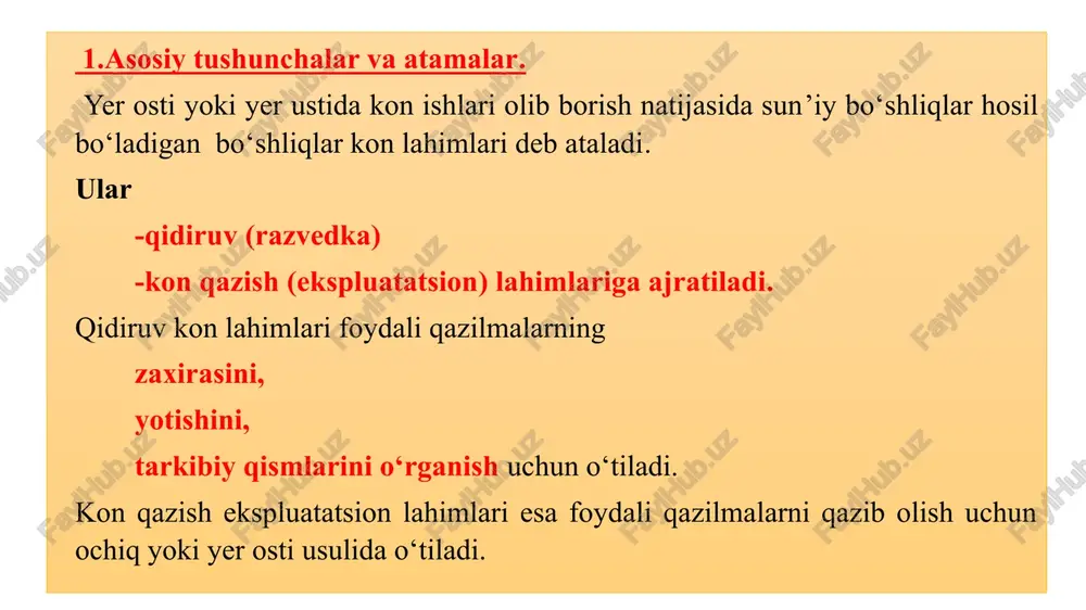 lmani qazib olish, ortish va tashishga tayyorlash. oraliq lahimlar (ortilar, ortuvchi lahimlar)asosiy gorizont bilan qazib olish kameralari orasida joylashadi. vazifasi: rudani ortish va tashishga qulaylik yaratish. ventilyatsiya lahimlari maxsus shamollatish uchun mo‘ljallangan yo‘llar. vazifasi: havoni yangilash, zararli gazlarni chiqarish. oqim va suv chiqarish lahimlari yer ostida yig‘ilgan suvlarni tashqariga chiqaradi. vazifasi: konni suv bosishidan saqlash. yer sathiga yaqin yoki bevosita yer qobig‘ining sirtqi qismida joylashgan konni ochiq usul bilan kavlab oluvchi ishlab chiqarish korxonasi karyer deyladi. razrez ko‘mir qazib olish bo‘yicha ochiq kon korxonasi bo‘lib, unda yuklovchi transport, ag‘darma xo‘jaligi, ta’mirlash mexanika ustaxonalari saralash-boytish fabrikalari mavjud. yer usti ochiq kon lahimlariga kopush kanava, transheya va boshqalar kiradi. ustama jinslarni ochish uchun qo‘ndalang kesimi yuzasi (0,6 × 0,6 m) va chuqurligi (0,4 × 0,6 m) sun’iy ravishda ochilgan kon lahimi kopush deyiladi. kanava ochiq kon lahimi bo‘lib, qo‘ndalang kesimi yuzasi kichik trapetsiya yoki to‘g‘ri burchakli uzun ariqsimon kavlanmadir. chuqurligi, odatda, to‘rt …