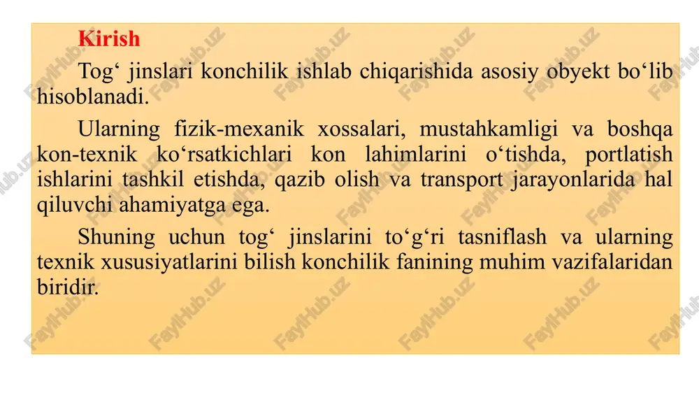 ra: 1. kelib chiqishiga ko‘ra: - magmatik jinslar (granit, bazalt, diabaz va b.) - cho‘kindi jinslar (qumtosh, ohaktosh, shag‘al va b.) - metamorfik jinslar (mramor, gneys, slanets va b.) 2. qattiqligiga ko‘ra: - juda yumshoq jinslar (gil, torf) - yumshoq jinslar (ohaktosh, qumtosh) - o‘rtacha qattiq jinslar (dolomit, mergel) - qattiq jinslar (granit, diabaz) - juda qattiq jinslar (korund, kvartsit) 3. texnik sharoitiga ko‘ra: - barqaror jinslar (granit, bazalt) - yarim barqaror jinslar (ohaktosh, dolomit) - turg‘unsiz jinslar (gil, qum) amaliy ahamiyati tog‘ jinslarining kon-texnik xususiyatlari lahimlarni o‘tishda, portlatish ishlarida, transport va qazib olish jarayonlarida bevosita ta’sir ko‘rsatadi. mustahkam jinslar ko‘proq portlovchi moddalar sarfini talab qiladi, yumshoq jinslar esa tezroq qazib olinadi, lekin mustahkamlash ishlarini ko‘p hollarda talab etadi. xulosa tog‘ jinslarining kon-texnik xarakteristikasi ularni qazib olish texnologiyasini tanlashda, xavfsizlik choralarini belgilashda va ishlab chiqarish samaradorligini oshirishda muhim ahamiyatga ega. shu boisdan tog‘ jinslarini to‘g‘ri tasniflash va ularning texnik xususiyatlarini …