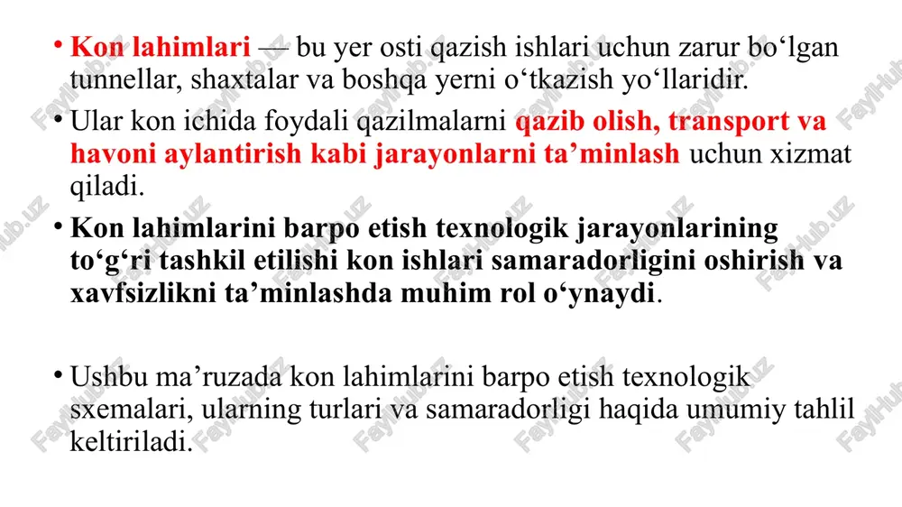 usulda lahimlarni qazish uchun avval burg‘ulash ishlari amalga oshiriladi, so‘ngra portlovchi moddalar yordamida tog‘ jinslari parchalanadi va ularni tashib chiqiladi. burg‘ulash: lahim devorlariga burg‘ulash texnikasi yordamida chuqur skvajinalar ochiladi. portlatish: burg‘ulash orqali ochilgan teshiklarga portlovchi moddalar joylashtiriladi va portlash orqali tog‘ jinslari parchalanadi. yuklash va tashish: portlatish natijasida hosil bo‘lgan tog‘ jinslari maxsus texnikalar yordamida yuklanib, tashib chiqiladi. mexanizatsiyalashgan qazish usuli mexanizatsiyalashgan qazish usuli zamonaviy texnik vositalardan foydalanib, tog‘ jinslarini avtomatlashtirilgan mashinalar yordamida qazish jarayonidir. ushbu usulda ekskavatorlar, tunnel qazuvchi mashinalar va boshqa maxsus uskunalar qo‘llaniladi. ekskavatorlar: yengil va o‘rta qattiqlikdagi tog‘ jinslarini ekskavatorlar yordamida qazish keng tarqalgan. tunnel qazuvchi mashinalar: yer ostidagi katta miqyosdagi lahimlarni qazishda maxsus tunnel qazuvchi mashinalar qo‘llaniladi. mexanik yuklash: qazilgan tog‘ jinslarini avtomatik ravishda yuklovchi mashinalar bilan yuklash va tashish amalga oshiriladi. bu usul burg‘ulash-portlatish usuliga nisbatan xavfsizroq bo‘lib, lahimlarni tez va samarali ravishda qazish imkonini beradi. texnika vositalarining qo‘llanishi vaqtni tejash va inson omilidan …