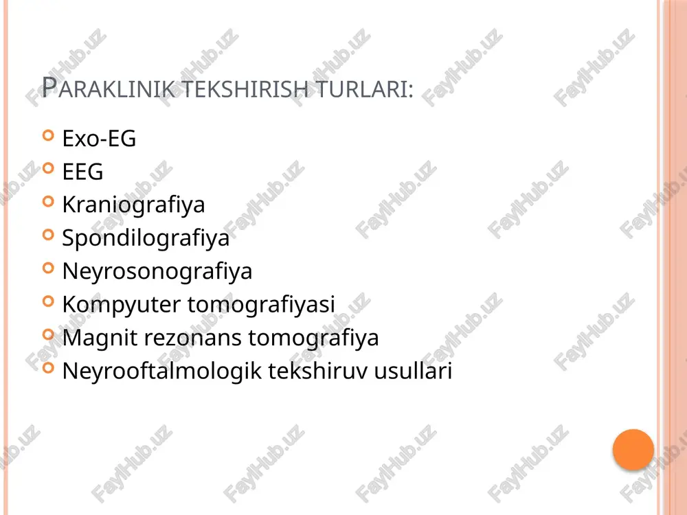 umurtqa pag’onasini rentgen tekshiruvi. quyidagilar aniqlanadi: 1. o’sma kasalliklari: umutrqaning patologik sinishi suyak lizisi mono yoki polio’choqlilik umutrqa tanasining sinishi umurtqa pag’onasining jarohat tufayli zararlanishi chala yoki to’liq chiqish umurtqa tanasining siljishi umurtqa o’sig’i va ravog’ining sinishi quyidagilar aniqlanadi: 2. rivojlanish nuqsonlari: kifoskalioz bo’yin qovurg’asining mavjudligi umurtqa ravoqlarining bitmasligi urban ponasimon umurtqa borligi kompyuter tomografiya qavatma qavat rentgenologik tekshirish usuli bo’lib, bosh miya va orqa miyani rentgen nurlarining ingichka tutami yordamida aylanasimon skanerlash orqali olingan tasvirni kompyuter rekonstruksiyasiga asoslangan. kt miyaning tirik anatomiyasini ko’rish imkonyatini beradi. bu usulning asosida bosh suyagi ichidagi turli zichlikka ega bo’lgan normal va patologik to’qimalarning rentgen nurlarinini turlicha yutishi yotadi. ktning o’ziga xos xususyatlari 1. suyak va yumshoq to’qima strukturalari ko’rinadi. 2.nurlanish yuqori 3.barcha kesimlar (aksial, sagittal va karonar ) bor 4.kesimlar 1mmgacha 5.nisbatan tez natija olinadi. 6. tez yordam usuli kt quyidagilar yaxshi ko’rinadi: miyaning kulrang va oq moddalari miyaning qorinchalari yarimsharlararo yoriq sinuslarni …