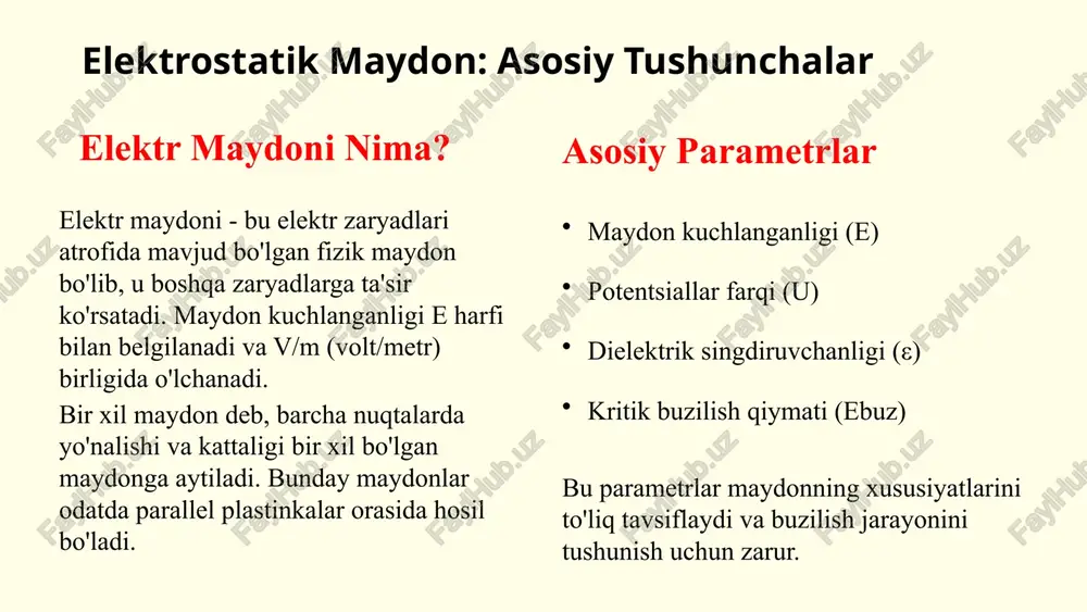 gi masofa d, ular orasidagi potentsiallar farqi u bo'lsa, maydon kuchlanganligi e = u/d formula bilan hisoblanadi. bu turdagi maydon kondensatorlar, tezlatgichlar va turli elektrofizik qurilmalarda keng qo'llaniladi. maydonning bir xilligi plastinkalar o'rtasida, chetki effektlardan uzoqda yaxshi saqlanadi. 5 elektr maydonining buzilishi (dieelektrik yorilishi) elektr maydoni ortganda, bir oz vaqt o‘tib, muhit (havo yoki izolyator) uni ushlab tura olmaydi. natijada buzilish yoki yorilish sodir bo‘ladi. bu paytda zaryadlar erkin harakatlana boshlaydi, uchqun, chaqnash yoki plazma hosil bo‘ladi. ushbu hodisa dieelektrik buzilish deb ataladi. buzilish sodir bo‘lish sabablari: juda yuqori kuchlanish, elektrodlarning uchli yoki notekis shakli, namlik, chang yoki gaz tarkibi, masofa juda kichik bo‘lsa. maydon buzilishining bosqichlari bosqich jarayon 1. ionlanish havo molekulalari parchalanib, zaryadlar hosil bo‘ladi 2. zaryad tezlanishi elektr maydon ta’sirida elektronlar tez harakatlanadi 3. zanjirli to‘qnashuv elektronlar yana molekulalarni urib ionlaydi 4. yorilish (buzilish) uchqun va zaryad oqimi paydo bo‘ladi (razryad) 7 chegaraviy maydon (yorilish kuchlanishi) har …