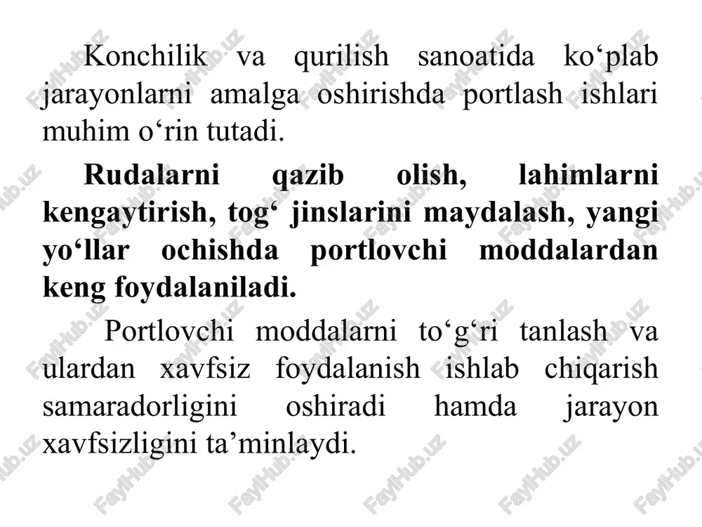 an (kapsulalar, simob fulminati) sezuvchanligi past ( emulsiya pm) portlash jarayonining fizik-kimyoviy xususiyatlari detonatsiya tezligi – portlash jarayoni tarqalish tezligi (2000–7000 m/s). gaz hosil bo‘lish hajmi – 1 kg moddaning portlashi natijasida hosil bo‘ladigan gaz miqdori. portlovchi energiya – 1 kg pm portlashidan ajraladigan energiya. zarba to‘lqini – portlash markazidan katta tezlikda tarqaluvchi yuqori bosimli to‘lqin. portlovchi moddalarni qo‘llash sohalari konchilik ishlari: ruda qazib olish, lahimlarni kengaytirish. qurilish ishlari: tunnellar, gidroinshootlar, yo‘llar. harbiy soha: jangovar qurollar, minomyot, granata. texnologik maqsadlar: metallni shakllantirish, portlash payvandlash. xavfsizlik qoidalari portlovchi moddalarni maxsus omborlarda saqlash kerak. harorat, namlik va tashqi ta’sirlardan himoyalash zarur. portlovchi moddalarni tashishda maxsus qoidalarga rioya etiladi. portlatish ishlarida faqat sertifikatlangan mutaxassislar ishtirok etishi shart. portlatishdan oldin xavfli hudud evakuatsiya qilinadi va signal beriladi. ochiq usulda qazish ishlari davomida qattiq tog‘ jinslarini qazishga tayyorlash va foydali qazilma qatlamlariga kirish uchun portlatish usullari keng qo‘llaniladi. portlatish jarayonining muvaffaqiyati bir qator omillarga bog‘liq, …