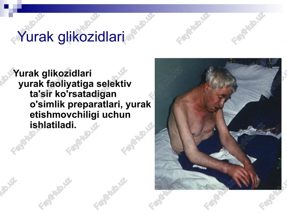 arishlari kuchini oshirish. kardialnie effekti sg - xronotrop taʼsir – yurak tezligini kamaytirish. kardialnie effekti sg - dromotrop taʼsir – miokard orqali oʻtkazuvchanlikni kamaytirish + batmotrop taʼsir- miokard qoʻzgʻaluvchanligini oshiradi.yuqori va toksik dozalarga xos bo'lgan ta'sirlar aritmiya paydo bo'lishiga olib keladi. kardialnie effekti sg + tonotrop taʼsir – miokard tonusini oshiradi miokarddagi metabolizmga yg ning tasiri miokardning kislorodga boʻlgan talabini ortishi. atf dan toʻliqroq va oqilona foydalanish tufayli yuzaga keladi. «yurak glikozidlari - miokard uchun yetmayotgan nondir». akad. b.e.votchal yurak glikozidlarining gemodinamikaga tasiri yurakning minutlik hajmini oshiradi yurak hajmini qisqartiradi tizimli qon aylanishda qon oqimini yaxshilaydi , venoz dimlanish kamayadi, shish kamayadi. oʻpkada qon aylanishda qon oqimini yaxshilash va oʻpka shishi xavfini kamaytiradi. yurak glikozidlarining boshqa taʼsirlari diuretik taʼsir vazokonstriktor tasir. ichak harakatini kuchaytirish . markaziy asab tizimiga sedativ( tinchlantiruvchi) taʼsir . foydalanish uchun koʻrsatmalar surunkali yurak yetishmovchiligi syy uzoq muddatli qoʻllaniladigan yg lari digoksin digitoksin lanatozid ts foydalanishga koʻrsatmalar …