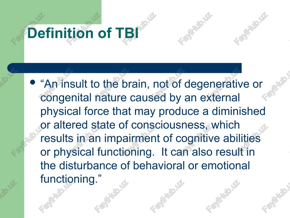 violence parts of the brain right or left brain injuries to the right side of the brain creativity impairment injuries to the left side of the brain intellectual impairment diffuse injuries (both sides of brain) money!!!! 48.3 billion dollars annually spent in the u.s. for patients with tbi hospitalization accounts for 31.7 billion dollars fatal brain injuries cost the u.s. 16.6 billion dollars $ $ $ $ $ $ $ $ resources for teachers brain injury association of illinois http://www.biausa.org/illinois/bia.htm brain injury association of america www.biausa.org tbi information center www.tbiinfocenter.com children with traumatic brain injury: a parent's guide (the special needs collection) by lisa schoenbrodt i'll carry the fork!: recovering a life after brain injury by kara l. swanson bibliography brain injury association of america www.biausa.org tbi information center www.tbiinfocenter.com nih consensus statement “rehabilitation of persons with traumatic brain injury” including students with special needs by: marilyn friend traumatic brain …