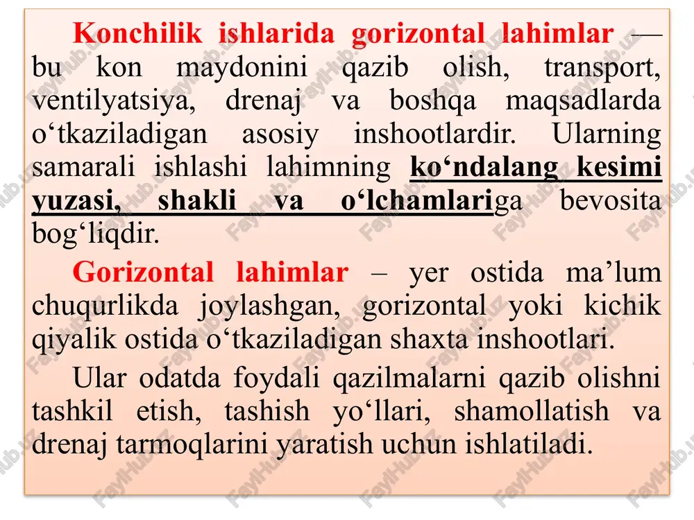 avval lahim vazifasi aniqlanadi. transport vositalari hajmi va soni belgilab olinadi. ventilyatsiya va xavfsizlik me’yorlari hisobga olinadi. natijada lahimning balandligi va kengligi tanlanadi. formulalarda odatda: f=b×h f – ko‘ndalang kesim yuzasi, m²; b – kenglik, m; h – balandlik, m. lahimlarning ko‘ndalang kesimi yuzasi ko‘ndalang kesim yuzasi — bu lahimning ichki bo‘ylama o‘qi bo‘ylab kesilganda hosil bo‘ladigan shaklning yuzi. u quyidagilarga bog‘liq: transport vositalari hajmi va soni. ventilyatsiya talablari. odamlarning erkin harakati. jihoz va kommunikatsiyalar joylashishi. odatda lahim kesim yuzasi 6 m² dan 25 m² gacha bo‘ladi. yer osti konlarida lahimlarni qazish va ularni o‘tish jarayonida kesim yuzasini tanlash muhim ahamiyatga ega. lahimning kesim yuzasi — bu lahimning ko‘ndalang kesimdagi shakli va hajmi bo‘lib, u kon ishlari jarayoniga bevosita ta'sir ko‘rsatadi. ochuvchi lahimning kesim yuzasini tanlash konlarini qazib olishda muhim bosqichlardan biridir. kesim yuzasining tanlanishi tog‘ jinslarining mexanik xususiyatlari, lahimdan o‘tadigan transport vositalari, qaziladigan foydali qazilma hajmi va ventilyatsiya talablariga …