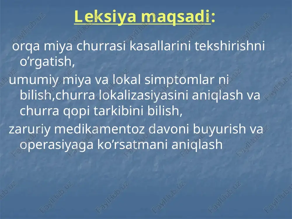 ologik ( bolalarda ruxiy rivojlanishni orqada qolishi) tug’ma orqa miya churrasi diagnostikasida: dermatoidlar lipomalar yumshoq to’qimalar gemangiomasi umurtqa va orqa miya o’smalari ko’p hollarda orqa miya churrasi umurtqaning bel-dumg’aza soxasida joylashganligi sababli bunda pastgi paraplegiya, para anesteziya, chanoq a’zolari ish faoliyatining buzilishi kuzatiladi. umurtqa defekti ko’pincha 3-5 umurtqa soxasida kuzatiladi. tug’ma orqa miya churralarida diagnostika klinik usullar: kliniko- nevrologik oftalmologik otonevrologik neyropsixologik laboratoriya patomorfologik (gistologik, immunogistokimyoviy) paraklinik usullar: spindilografiya kt mrt neyrosonografiya elektroensefalografiya kt-mielografiya omnipak bilan kt-gerniografiya orqa miya churralarida spondilogrammada qator suyak simptomlari kuzatiladi: umurtqa o’siqlarini 1-2 dan 6-7 gacha zararlanmasligi umurtqa deformatsiyasi kapalaksimon yarim umurtqa kesishma va dumg’za ageneziyasi; orqa miya churrasining mavjudligi rejali hamda shoshilinch operatsiya o’tqazish uchun ko’rsatma hisoblanadi. shoshilich operatsiya uchun ko’rsatma: churra yuzasining keskin yupqalashishi churra yorilishi xavfi bilan churra qopi likvoreyasi chunki likvoreyaning mavjudligi miya ichi asoratlari(bakterial meningit, meningoensefalit) bilan xavfli pardali orqa miya churrasi - meninogradikuloselle lipomieloselle spina bifida complicate orqa miya …