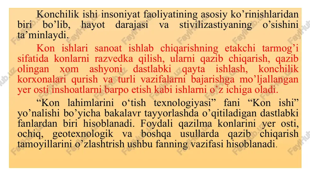 xom ashyo va minerallarning dunyo miqiyosida qazib chiqarish, ekspertlar hisobi bo’yicha 160-180 mlrd. tonna kon massasini tashkil qiladi. hozirgi vaqtda har yili er ostidan 8 mlrd. tonna yoqilg’i, 570 mln.t qora metall rudasi, 170 mln.t rangli metall rudasi, 620 mln.t industrial mineral xom ashyo qazib olinmoqda. biroq zamonaviy texnika va texnologiya qazib olingan kon massasining atigi 3-5 % dangina foydalanishni ta’minlamoqda, xolos. qolgan 95-97 qismi sanoat chiqindisi hisoblanadi. konchilik sanoatining rivojlanishi mamlakat iqtisodiyoti va mudofaa quvvati hamda mustaqilligining mustahkamlashda katta ahamiyatga egadir. o’zbekiston respublikasi konchilik sanoati rivojlangan mamlakatlar qatorida etakchi o’rinlarda turadi. hozirgi vaqtda respublikada konchilik sanoatining quyidagi tarmoqlari mavjud bo’lib, ular yuqori sur’atlarda rivojlanib bormoqda: yoqilg’i qazib chiqarish (ko’mir, yonuvchi slanestlar, neft, tabiiy gaz, uran); rangli metallurgiya (oltin, kumush, miss, rux, qo’rg’oshin, volfram va boshqalar); kon-kimyo xom ashyosi qazib chiqarish (appatit, fosforit va turli mineral tuzlar); tabiiy qurilish materiallari qazib chiqarish (granit, marmar, tuf, ohaktosh, shag’al, qum, soz tuproq …
