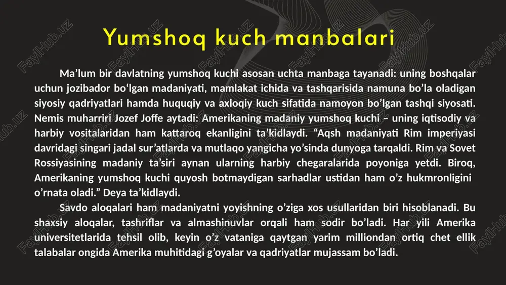 iroq urushidan keyin o’tkazilgan so’rov natijalariga ko’ra, qo’shma shtatlar jozibadorligi keskin pasayib ketganida, aslida odamlar ko’p hollarda qo’shma shtatlarga emas, balki bush ma’muriyati va uning siyosatiga munosabat bildirishgan edi. 3 ba’zi skeptiklar yumshoq kuch g’oyasiga e’tiroz bildirishadi, chunki ularni kuchni buyruqlar yoki faol nazorat nuqtai nazaridan tor doirada tushunadi. ularning fikriga ko’ra, taqlid yoki jalb qilish – kuch emas. shu bilan birga, natijaga erishish uchun dastlab yumshoq kuchni qo’llash mumkin va mumkin bo’lmaydigan vaziyatlarni to’g’ri aniqlabb olish zarur. ommabop madaniyat odamlarni o’ziga jalb qiladi va madaniyatning asosiy qismi o’xshash bo’lgan holatlarda kutilgan natijalarga erishish orqali yumshoq kuchni ishlab chiqaradi. barcha kuchlar holatga bog’liq, lekin yumshoq kuch uni targ’iib etuvchilar va to’g’ri qabul qiluvchilarning mavjudligiga qattiq kuchdan ko’ra ko’proq bog’liqdir. yumshoq kuch chegaralari yumshoq kuch, shuningdek, boshqa mamlakatlarda kuch bir joyga to’planganda emas, balki tarqoq holda bo’lganda ham muhim ahamiyat kasb etishi mumkin. diktator o’z mamlakatidagi odamlarning qarashlariga mutlaqo befarq bo’la …