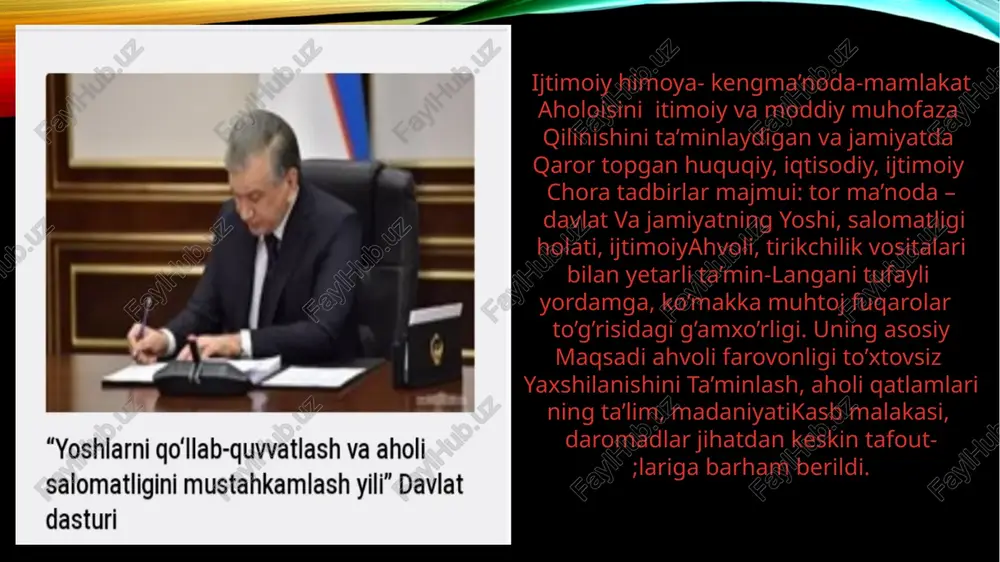 artibidagi asosiy masalalardan biriga aylandi. uzoq muddat ga mo’ljallangan mamlakat ijtiomoiy-iqti- sodiy rivojlanishining barqarorligini ta’min- lash strategiyasining bosh maqsadi qilib qo’yildi. prezidentning shu yil yanvar oyida oliy majlisga yo’llagan muroojatnomasida “ 1- navbatda aholi farovonligini oshirish va uning ijtiomoiy himoyasini kuchaytirish- biz uchun bosh vazifalardan biri bo’lib qoladi”deya aniq aytildi ijtimoiy himoya ijtimoiy siyosat ijtimoiy siyosat xalqaro tashkilot bu yil mintaqada iqtisodiyoti o’sishi mumkin bo’lgan yagona mamlakat – o’zbekiston bo’lib, iqtisodiy o’sish sur’atlari 1.5 foizni tashkil etishini prognoz qilmoqda. karantin markaziy osiyo davlat- laridan kelgan yuz minglab mehnat muhojirlarini ham daromadsiz qoldirdi… davrning o’ziga xos islohatlari sarflagan vaqtingiz va e’tiboringiz uchun raxmat. qirg’izova muhlisa… olgan har bir bilimimiz o’zimizning zahiramizgadir. kuningiz maroqli o’tsin image2.png image3.png image4.png image5.png image6.png image7.png image8.png image9.png image1.png /docprops/thumbnail.jpeg
