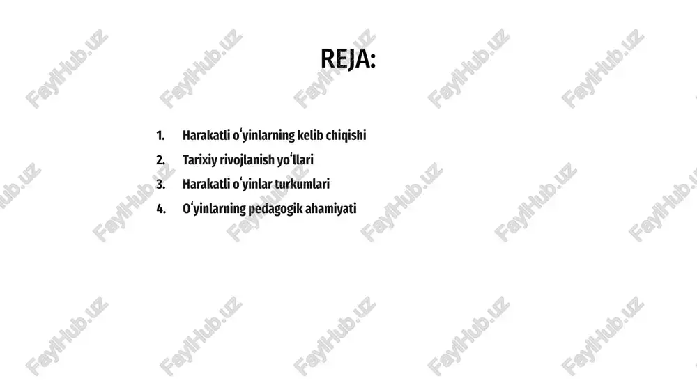 ʻyinlarga boʻlinadi, har birining pedagogik jarayonda oʻziga xos xususiyatlari va maqsadlari mavjud. 3 harakatli oʻyinlarning pedagogik ahamiyati bolalarning rivojlanishini qoʻllab-quvvatlaydi, jamoaviylik, muammo yechish va kreativlik kabi qobiliyatlarni rivojlantiradi. 2 harakatli oʻyinlarning ta'limdagi roli a harakatli oʻyinlar tarixi qadimgi davrlarga borib taqaladi, ularning rivojlanishi insonning jismoniy va aqliy mahoratlarini oshirishga yordam berdi. b turkumlari sport, ijodiy va tarbiyaviy oʻyinlardan iborat bo‘lib, har biriga ta'lim jarayonida muhim pedagogik maqsadlar xosdir. ular rivojlanishni mustahkamlashda qo‘l keladi. c harakatli oʻyinlarning pedagogik ahamiyati jismoniy faoliyatni rag‘batlantirish, ijtimoiy ko‘nikmalarni rivojlantirish va ta’lim jarayonini qiziqarli qilishdagi roli katta. harakatli oʻyinlar tarixida qadimiy va zamonaviy shakllar, turkumlari orqali bolalarning rivojlanishi va faoliyatini qoʻllab-quvvatlaydi. ular pedagogik jarayonlarda muhim rol oʻynab, bolalarda jismoniy, intellektual va ijtimoiy qobiliyatlarni mustahkamlashga yordam beradi. ota-onalar va o'qituvchilar uchun tavsiyalar ota-onalar va oʻqituvchilar uchun tavsiyalar, toʻgʻri tanlov va tashkiliy usullar orqali oʻyinlarning samaradorligini oshirish muhim ahamiyatga ega. innovatsion yondashuvlar va zamonaviy tendensiyalar harakatli oʻyinlarning tarixi …