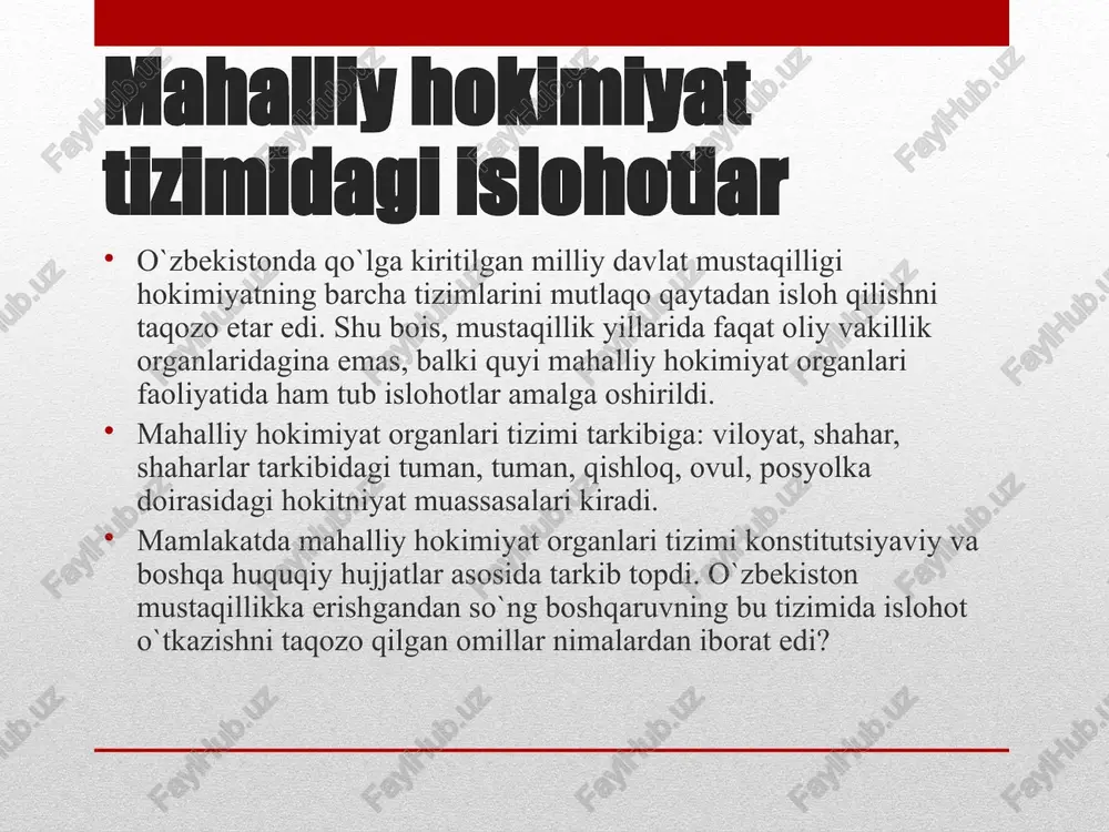viy vakolat huquqlariga ega? o`zbekiston respublikasi konstitutsiyasining 100-moddasida mahalliy hokimiyat organlari ixtiyoriga quyidagi vakolatli huquqlar berilgan: ♦ qonuniylikni, huquqiy tartibotni va fuqarolarning xavfsizligini ta'minlash. ♦ hiidudlarni iqtisodiy, ijtimoiy va madaniy rivojlantirish. ♦ mahalliy byudjetni shakllantirish va uni ijro etish, mahalliy soliqlar, yig`imlarni belgilash, byudjetdan tashqari jamg`armalarni hosil qilish. mahalliy komunal xo`jalikka rahbarlik qilish. ♦ atrof-muhitni muhofaza qilish. ♦ fuqarolik holati aktlarini qayd etishni ta'minlash. ♦ normativ hujjatlarni qabul qilish hamda o`zbekiston respublikasi ♦ qonunlariga zid kelmaydigan boshqa vakolatlarni amalga oshirish. ammo mahalliy hokimiyat organlariga berilgan bu vakolatlar chegara emas. chunki, hayot bir yerda to`xtab turmaydi. u doimo rivojlanib, taraqqiy etib ilgarilab boradi. shu bois, davr va zamon taqozosi talablariga ko`ra o'zbekiston prezidenti va vazirlar mahkamasi ham o`z rasmiy hujjatlari bilan mahalliy hokimiyat organlariga yangi vazifalar yuklashi, yangi vakolatlar berishi mumkin. jumladan, o`zbekiston prezidenti 1994-yil 24-noyabrda «yerdan foydalanish samaradorligini oshirish to'g`risida»gi farmoni bilan tuman va shahar hokimiyatlariga uy-joy qurish va shaxsiy …