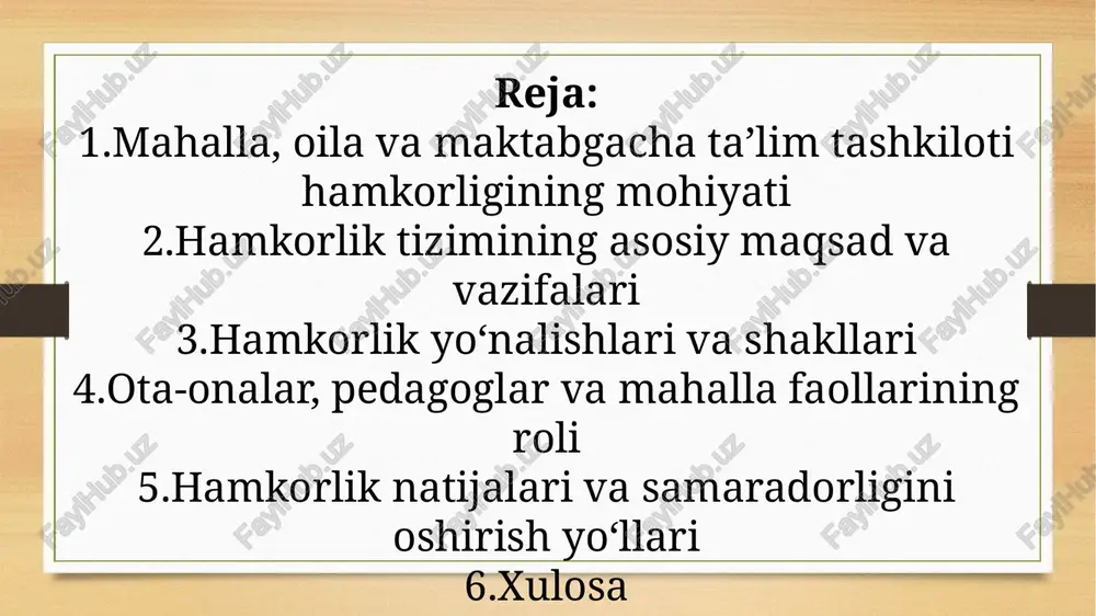 pedagogik bilimlarni oshirish kurslarini yo‘lga qo‘yish. bolalar ishtirokida “mahallam — mening uyim” kabi loyihalar o‘tkazish. xulosa mahalla, oila va maktabgacha ta’lim tashkiloti o‘rtasidagi hamkorlik — bu barkamol avlodni tarbiyalashning eng muhim omillaridan biridir. ularning birgalikdagi ishlari orqali bolalarda insonparvarlik, mehnatsevarlik, vatanparvarlik kabi fazilatlar shakllanadi. image7.png image8.png image9.jpeg image10.png image11.png image12.png image13.png image14.png image15.png image16.png image3.png image4.png