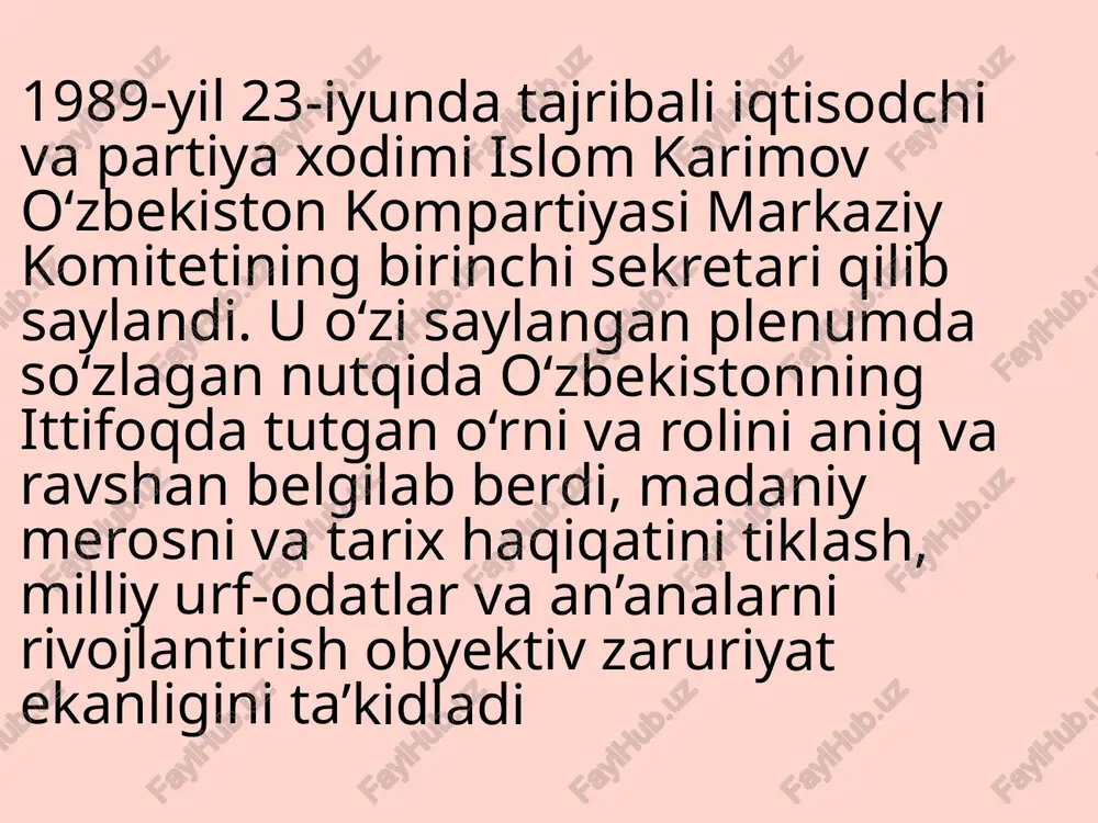 atdagi fuqarolar totuvligi va hamjihatligiga putur yetkaza boshladi. shundan keyin 1992-yildan “birlik” va “erk” o‘zbekiston hududida o‘z siyosiy faoliyatini to‘xtatdi. 1990-yil 24-martda bo‘lgan o‘zbekiston ssr oliy sovetining o‘n ikkinchi chaqiriq i sessiyasida o‘zbekistonda prezidentlik boshqaruvi ta’sis etildi va o‘zbekiston kompartiyasi markaziy komitetining birinchi kotibi islom karimov o‘zbekiston ssr prezidenti qilib saylandi. ittifoqdosh respublikalar o‘rtasida birinchi bo‘lib o‘zbekistonda prezidentlik boshqaruvi joriy qilindi. 1990-yil mart – oktyabr oylarini tashkil qiladi. unda 1990-yili mart oyida o‘zbekiston ssr prezidenti lavozimini ta’sis etish hamda “o‘zbekiston ssr konstitutsiyasi (asosiy qonuni)ga o‘zgartirish va qo‘shimchalar kiritish to‘g‘risida”gi qonun qabul qilinib, o‘zbekiston ssrning birinchi prezidenti saylandi. 1990-yil iyun oyida o‘zbo‘zbekiston mustaqillik deklaratsiyasi qabul qilindi. 1991-yil 18-noyabrda mamlakatimizda prezidentlik saylovlarini tartibga soluvchi «o‘zbekiston respublikasi prezidenti saylovi to‘g‘risida»gi qonun qabul qilindi. shu asosda, 1991-yil 29-dekabrda o‘zbekiston respublikasi prezidentligiga muqobillik asosida saylov bo‘lib o‘tdi. oliy lavozimga ikki nomzod – o‘zbekiston xalq demokratik partiyasi va o‘zbekiston kasaba uyushmalari federatsiyasi nomzodi islom karimov va …