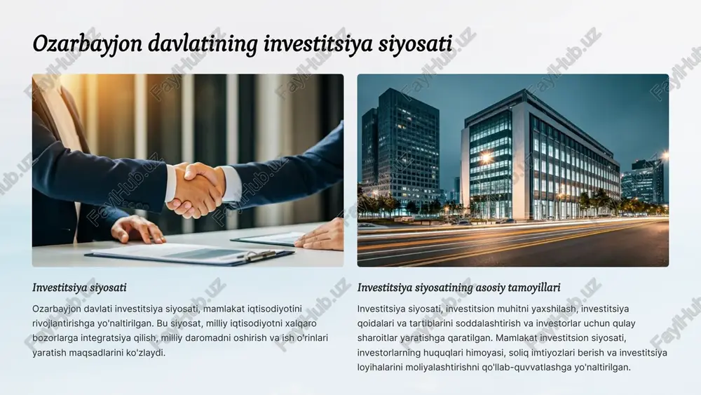 . ushbu tarmoqlar davlat iqtisodiyotining muhim qismini tashkil qiladi. 1 energetika ozarbayjonning boy neft va gaz zaxiralari energiya sohasini muhim iqtisodiy yo'nalishga aylantiradi. 2 turizm ozarbayjonning boy madaniy merosi va go'zal tabiat manzaralari uni turizm rivojlanishi uchun jozibador joyga aylantiradi. 3 qishloq xo'jaligi ozarbayjonning serhosil tuprog'i va iqlim sharoiti qishloq xo'jaligini muhim iqtisodiy yo'nalishga aylantiradi. 4 ozarbayjon xorijiy investitsiyalar uchun jozibador ozarbayjonning iqtisodiy rivojlanishga intilishi va investitsiya muhiti xorijiy investorlar uchun jozibador bo'lib, ular uchun keng imkoniyatlar yaratadi. iqtisodiy islohotlar, qulay investitsiya siyosati va davlat yordami xorijiy sarmoyalarni jalb qilishga yo'naltirilgan. stabil siyosat ozarbayjon siyosiy barqarorligi va xavfsizligi investitsiyalar uchun muhim omil hisoblanadi. iqtisodiy islohotlar iqtisodiy islohotlar biznes muhitini yaxshilash va investitsiyalarni rag'batlantirishga qaratilgan. qulay investitsiya siyosati ozarbayjon investorlar uchun jozibador investitsiya shartlari va siyosati yaratadi. 5 ozarbayjon investitsiya muhitining afzalliklari ozarbayjonning boy resurslari, strategik joylashuvi, iqtisodiy rivojlanishi va investorlarga yo'naltirilgan siyosati investitsiya uchun qulay muhit yaratadi. iqtisodiy islohotlar, qulay …