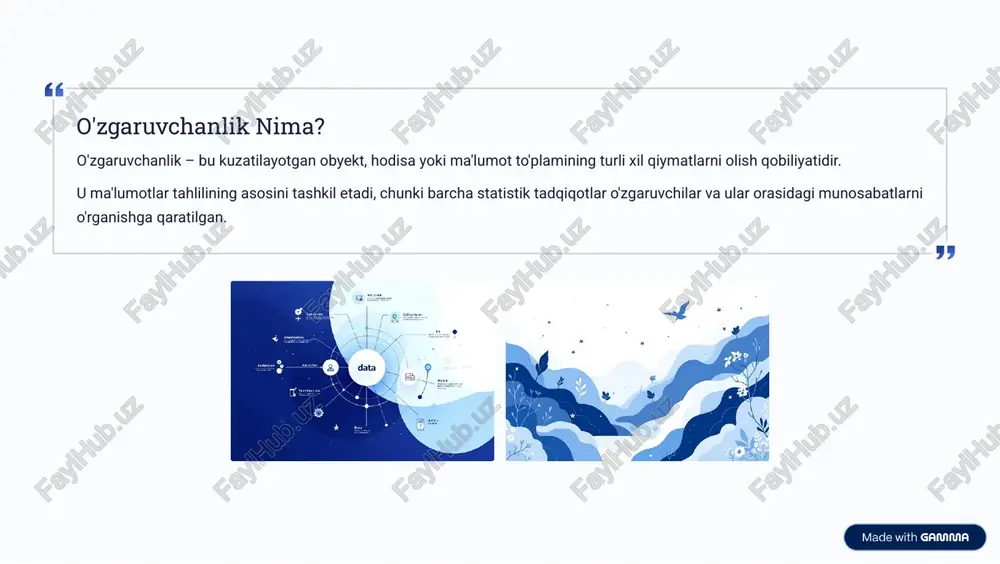 s://gamma.app/?utm_source=made-with-gamma nominal o'zgaruvchanlik: tasniflashdagi roli toifalash bu o'zgaruvchilar ma'lumotlarni o'zaro bir-biriga mos kelmaydigan toifalarga ajratish uchun ishlatiladi. faqat tasniflash funktsiyasini bajaradi. tartibsizlik toifalar orasida tabiiy tartib, ustunlik yoki miqdoriy farq yo'q. faqat tenglik (yoki tengsizlik) munosabati mavjud. misollar jins (erkak, ayol), qon guruhi (a, b, ab, o), sevimli rang (qizil, ko'k, yashil). https://gamma.app/?utm_source=made-with-gamma ordinal o'zgaruvchanlik: tartiblashning ahamiyati miqdordan ko'ra tartib muhim nominal o'zgaruvchilardan farqli o'laroq, ordinal o'zgaruvchilar toifalari orasida ma'lum bir mantiqiy tartib mavjud. ammo, toifalar orasidagi farqlar miqdoriy jihatdan aniqlanmagan. baholash shkalalari masalan, mijozlarning qoniqish darajasi: juda norozi, norozi, neytral, rozi, juda rozi. ta'lim darajasi boshlang'ich, o'rta, oliy. biz oliy daraja boshlang'ichdan yuqori ekanligini bilamiz, lekin ular orasidagi farqni aniq o'lchay olmaymiz. bu turdagi o'zgaruvchanlik ijtimoiy fanlar va marketing tadqiqotlarida keng qo'llaniladi. https://gamma.app/?utm_source=made-with-gamma interval o'zgaruvchanlik: miqdor va farqlar o'lchash birligi interval o'zgaruvchilar nafaqat tartibga ega, balki ketma- ket qiymatlar orasidagi farqlar ham teng (aniq ma'noga ega). nol nuqtasi asosiy …