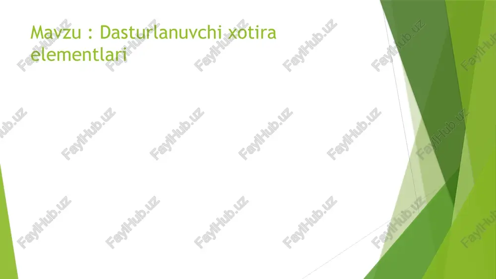 ignallari yordamida qayta yozish mumkin. 7 flash xotira: asosiy o'yinchi nor flash tez o'qish tezligi, kodlarni saqlashda keng qo'llaniladi. nand flash kattaroq sig’im, tez yozish va o’qish uchun samarali. 8 flash xotiraning ilovalari ssd disklar yuqori tezlik va ishonchlilik bilan xotira saqlash. usb flesh haydovchilari oson tashish va ma'lumot almashish uchun keng tarqalgan. xotira kartalari sd, microsd kabi ko‘p qurilmalarda qo‘llaniladi. qurilmalarga o‘rnatilgan tizimlar mikrokontroller va kam quvvatli qurilmalarda ishlatiladi. 9 yuqori texnologiyali dasturlanadigan xotira turlari ferroelectric ram (feram) magnetoresistive ram (mram) phase-change memory (pcm) 10 feram: ferroelectric ram ferroelectric material ishlatish xotira elemetlarida polarizatsiya bilan boshqariladi. afzalliklari kam quvvat sarfi va tez yozish tezligi. ilovalari smart kartalar va o'rnatilgan tizimlar uchun ideal. 11 mram: magnetoresistive ram ma'lumotni magnit orqali saqlash magnetik qatlamlarning holati o'zgartiriladi. tezlik va barqarorlik yuqori tezlikda ishlaydi, qayta yozishda o'chmaydi. qo'llanilishi aerospace va avtomobil sanoatida ishlatiladi. 12 pcm: phase-change memory fazaviy o'zgarish materiallari qattiq va suyuq …