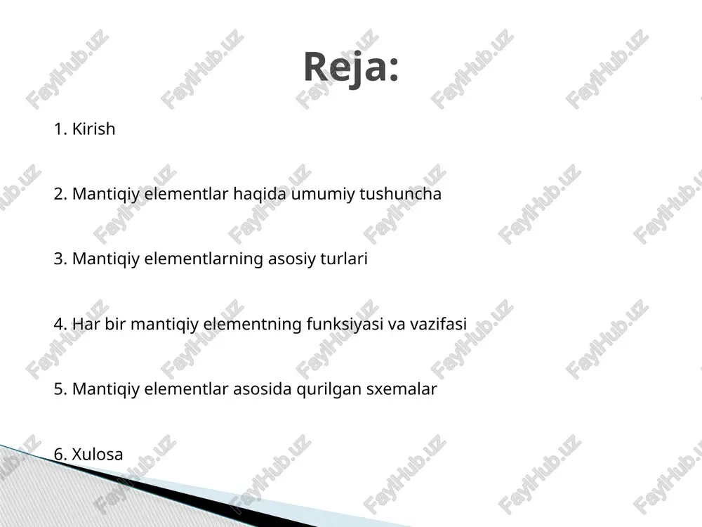 1 → 1; 1 va 0 → 0 har bir mantiqiy elementning funksiyasi va vazifasi mantiqiy elementlar asosida quyidagi qurilmalar yaratiladi: raqamli hisoblagichlar kodlovchi va dekodlovchilar multiplexorlar va demultiplexorlar registrlar va triggerlar avtomatlashtirilgan boshqaruv tizimlari bu elementlar ko‘p hollarda birgalikda ishlaydi va murakkab arxitekturali elektron qurilmalarni tashkil etadi. mantiqiy elementlar asosida qurilgan sxemalar mantiqiy elementlar raqamli texnologiyalarning asosi hisoblanadi. ularning har birining o‘ziga xos mantiqiy amali bor va ular kombinatsiyalab turli xil funksional elektron sxemalarni yaratish mumkin. har qanday kompyuter yoki mikrokontroller ichida yuzlab, minglab mantiqiy elementlar ishlaydi. xulosa 1. karimov n.a. - "raqamli sxematexnika", toshkent, 2020 2. floyd t.l. - "digital fundamentals", prentice hall 3. https://www.electronics-tutorials.ws/ 4. oliy o‘quv yurtlari uchun elektron darsliklar portali: www.ziyonet.uz foydalanilgan adabiyotlar e’tiboringiz uchun rahmat image1.jpeg image2.png /docprops/thumbnail.jpeg