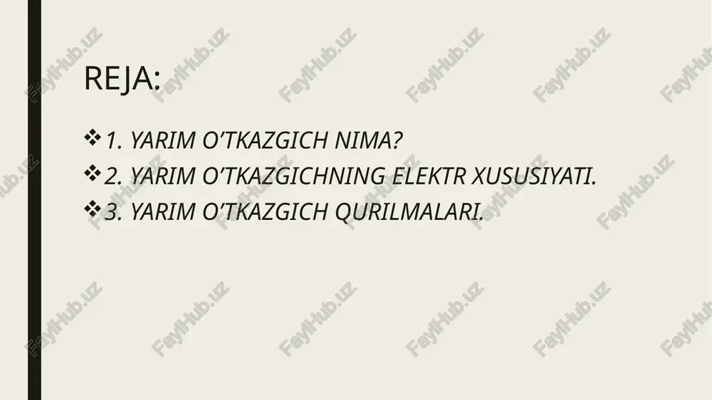 yarim o‘tkazgichlarda valent zona (elektronlar bilan to‘ldirilgan) va o‘tkazuvchanlik zonasi o‘rtasida taqiqlangan zona (energetik bo‘shliq) mavjud. bu bo‘shliqning kengligi kichik bo‘lib, odatda 0.1–3 ev oralig‘ida bo‘ladi (masalan, kremniyda ~1.1 ev, germaniyda ~0.67 ev). doping: aralashmalar qo‘shish orqali yarim o‘tkazgichning o‘tkazuvchanligi boshqariladi. yarim o‘tkazgichlarning elektr xususiyatlari ularning o‘tkazuvchanlik xususiyatlari, zaryad tashuvchilarning harakati va tashqi sharoitlarga (harorat, elektr maydon, yorug‘lik, doping) bog‘liqligi bilan belgilanadi. yarim o‘tkazgichlarning elektr o‘tkazuvchanligi o‘tkazgichlar (masalan, mis) va dielektriklar (masalan, shisha) o‘rtasida joylashgan. ularning o‘tkazuvchanligi tashqi sharoitlarga qarab sezilarli darajada o‘zgaradi. yarim o‘tkazgichlarda ikki turdagi zaryad tashuvchilar mavjud: elektronlar (manfiy zaryadli): o‘tkazuvchanlik zonasida harakatlanadi. teshiklar (musbat zaryadli): valent zonasida elektronning yo‘qligidan kelib chiqadigan “musbat” zaryad tashuvchisi. 3. yarim o’tkazgich qurilmalari yarim o'tkazgich qurilmalari: diodlar: bu qurilmalar bir yo'nalishda elektr tokini o'tkazadi, boshqa yo'nalishda esa to'xtatadi. bu xususiyat yarim o'tkazgichlarning asosiy xususiyatlaridan biridir. transistorlar: transistorlar signallarni kuchaytirish yoki o'zgarishini boshqarishda ishlatiladi. ular kompyuter chiplarida, telefonlar va boshqa elektron qurilmalarda …