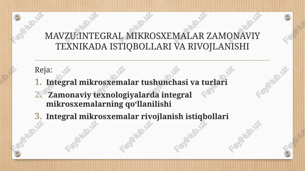 laydi. kam energiya sarfi – bu qurilmalar kam energiya iste'mol qiladi, bu esa ularni samarali va iqtisodiy qiladi. yuqori tezlik – integral mikrosxemalar ma’lumotlarni juda tez qayta ishlash imkonini beradi, bu esa kompyuter va smartfonlar kabi qurilmalarning yuqori ishlash tezligini ta’minlaydi. ishonchlilik – chipda barcha komponentlar birlashtirilgani uchun tizimning ishlash ishonchliligi ortadi. 4. imlarning qo‘llanilish sohalari kompyuterlar va mobil qurilmalar: har bir telefon va kompyuterning ichida mikrochiplar ishlaydi. avtomobillar: avtomobillarda xavfsizlik tizimlari, navigatsiya va avtomatik boshqaruv tizimlari mikrosxemalar orqali boshqariladi. tibbiyot: yurak stimulyatorlari, tibbiy analizatorlar va boshqa tibbiy qurilmalarda integral mikrosxemalar ishlatiladi. robototexnika: robotlar o‘z faoliyatlarini bajarishda imlardan foydalanadi. aqlli uy tizimlari: uylar va ofislar uchun aqlli qurilmalar, masalan, kameralar, sensorlar va boshqalar, mikrosxemalar yordamida ishlaydi. 5. yangi texnologiyalar va imlar bugungi kunda nanoelektronika sohasida katta o‘zgarishlar ro‘y bermoqda. tranzistorlar hajmi nanometr (1 nm = 1 milliardning bir ulushi) darajasigacha kichraygan. bu esa chiplarning tezligini va samaradorligini oshirishga imkon beradi. …