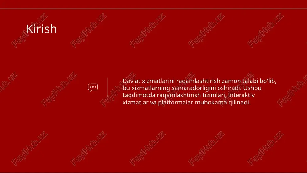 nadi. xulosa davlat xizmatlarini raqamlashtirish zamonaviy jamiyatda muhim ahamiyatga ega. raqamlashtirish tizimlari, innovatsion vositalar va ularning xavfsizligini ta'minlash xizmatlarning sifatini oshirishga yordam beradi. do you have any questions? thank you! +00 000 000 000 credits: this presentation template was created by slidesgo, and includes icons, infographics & images by freepik image1.png image2.png image3.png image4.png image5.png