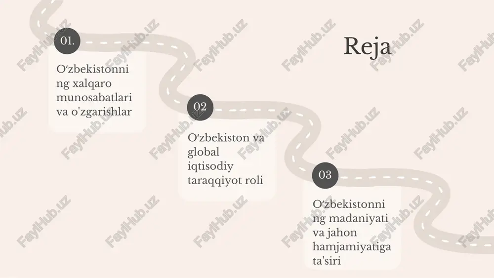 natli yondashuvni tanlaydi. bu, mamlakat manfaatlarini himoya qilish imkonini beradi. 2. ochiq diplomatiya: oʻzbekiston diplomatik aloqalarni kengaytirish va xalqaro hamkorlikni rivojlantirishga intiladi. bu, mamlakatning xalqaro maydondagi obro‘sini oshiradi. 3. ijtimoiy-iqtisodiy hamkorlik: oʻzbekiston iqtisodiy rivojlanishni ta'minlash uchun turli davlatlar bilan ijtimoiy-iqtisodiy aloqalarni mustahkamlashga qaratilgan strategiyalarni amalga oshirmoqda. 4. xavfsizlik masalalari: oʻzbekiston mintaqaviy xavfsizlikni ta'minlash va global xavf-xatarlarni bartaraf etishga e'tibor qaratadi. oʻzbekiston va yevropa ittifoqi oʻzbekiston va yevropa ittifoqi o‘rtasidagi savdo-iqtisodiy aloqalar so‘nggi yillarda rivojlanib bormoqda. yevropa ittifoqi oʻzbekistonning asosiy savdo hamkorlaridan biridir. oʻzbekistonning eksporti yevropa bozorlarida qiziqish uyg‘otmoqda, ayniqsa paxta, meva-sabzavotlar va boshqa qishloq xo‘jaligi mahsulotlari. shuningdek, yevropa kompaniyalari oʻzbekistonning energetika va infratuzilma sohalarida investitsiya kirmoqda. ta'lim va ilmiy hamkorlik oʻzbekiston va yevropa ittifoqi o‘rtasida yangi imkoniyatlar yaratmoqda, bu orqali talabalar va olimlar o‘zaro tajriba almashmoqda. madaniy almashuvlar oʻzbekiston va yevropa ittifoqi o‘rtasidagi munosabatlarning muhim jihatidir. oʻzbek madaniyati va san'ati yevropada keng tan olinmoqda. oʻzbekiston universitetlari yevropa ta'lim muassasalari bilan …