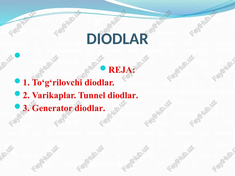 lari orasida potensiallar ayirmasi hosil bo'ladi. binobarin, elektr maydon paydo bo'ladi. biror vaqt oralig'ida teshikli yarim o'tkazgichda qancha elektronlar qayta qo'shilsa, shu vaqt oralig'ida elekt­ronli yarim o'tkazgichdan teshikli yarim o'tkazgichga shuncha elektron o'tadi, shu vaqt oralig'ida elektronli yarim o'tkaz­gichda elektronlar bilan qancha teshiklar qayta qo'shilsa, shu vaqt oralig'ida teshikli yarim o'tkazgichdan elektronli yarim o'tkazgichga shuncha teshiklar o'tadi. natijada ma'lum kattalikdagi elektr maydon vujudga keladi. elektronli va teshikli yarim o'tkazgichlarning yondosh chegara yaqinida hosil bo'lgan qatlam 1 va 2da tok tashuvchilar (elektronlar elektronli yarim o'tkazgichlarda va teshiklar teshikli yarim o'tkazgichlarda) kamayganligini osongina tasawur qilish mumkin. yupqa qatlamning qarshiligi yarim o'tkazgichning qolgan hajmidagi qarshilikdan ancha katta bo'ladi. bu qatlam berkituvchi qatlam deb ataladi. shunday qilib, elektronli va teshikli yarim o'tkazgichlar kontaktida ularning yondosh chegarasida kontakt potensial­lar ayirmasi, shuningdek berkituvchi qatlam hosil bo'ladi. bundan so'ng elektron-teshikli o'tishda o'zgaruvchan elektr tokini to'g'rilashning fizik mohiyatini yuqoridagilar asosida tushuntiriladi. faraz qilaylik, bitta monokristallda hosil qilingan elektronli …