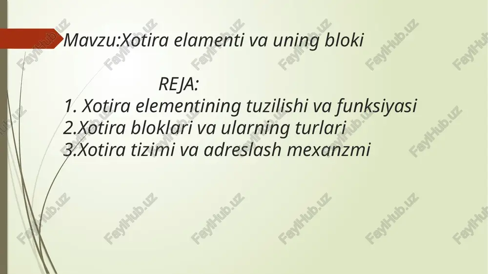 ularning turlari 1. xotira bloki nima? xotira bloki — bu kompyuterning ichki xotirasida joylashgan, ko‘p sonli xotira elementlaridan tashkil topgan mantiqiy birlikdir. har bir blok ma’lumotni belgilangan adres orqali saqlaydi yoki o‘qiydi. bloklar kompyuter tezkorligini oshirish va ma’lumotlar bilan ishlashni qulaylashtirish uchun ishlatiladi. xotira turi tavsifi ram (random access memory) tezkor xotira. foydalanuvchi ishlatayotgan dasturlar va ma’lumotlar vaqtincha shu yerda saqlanadi. elektr o‘chsa, ma’lumot yo‘qoladi. rom (read only memory) faqat o‘qishga mo‘ljallangan doimiy xotira. kompyuter boshlanganda yuklanadigan muhim dasturlar shu yerda bo‘ladi. cache (keshi) protsessorga eng yaqin va juda tezkor xotira. doimiy ishlatiladigan ma’lumotlar shu yerda saqlanadi. virtual xotira operativ xotira yetmaganda, qattiq diskning bir qismi vaqtincha ram o‘rnini bosadi. flash xotira usb fleshka yoki ssd kabi qurilmalarda ishlatiladi. elektr uzilganda ham ma’lumot saqlanib qoladi. cmos kompyuterning bios sozlamalarini saqlovchi xotira turi. batareya yordamida ishlaydi. xotira tizimi va adreslash mexanizmi 1. xotira tizimi nima? kompyuterda xotira tizimi – bu ma’lumotlarni …