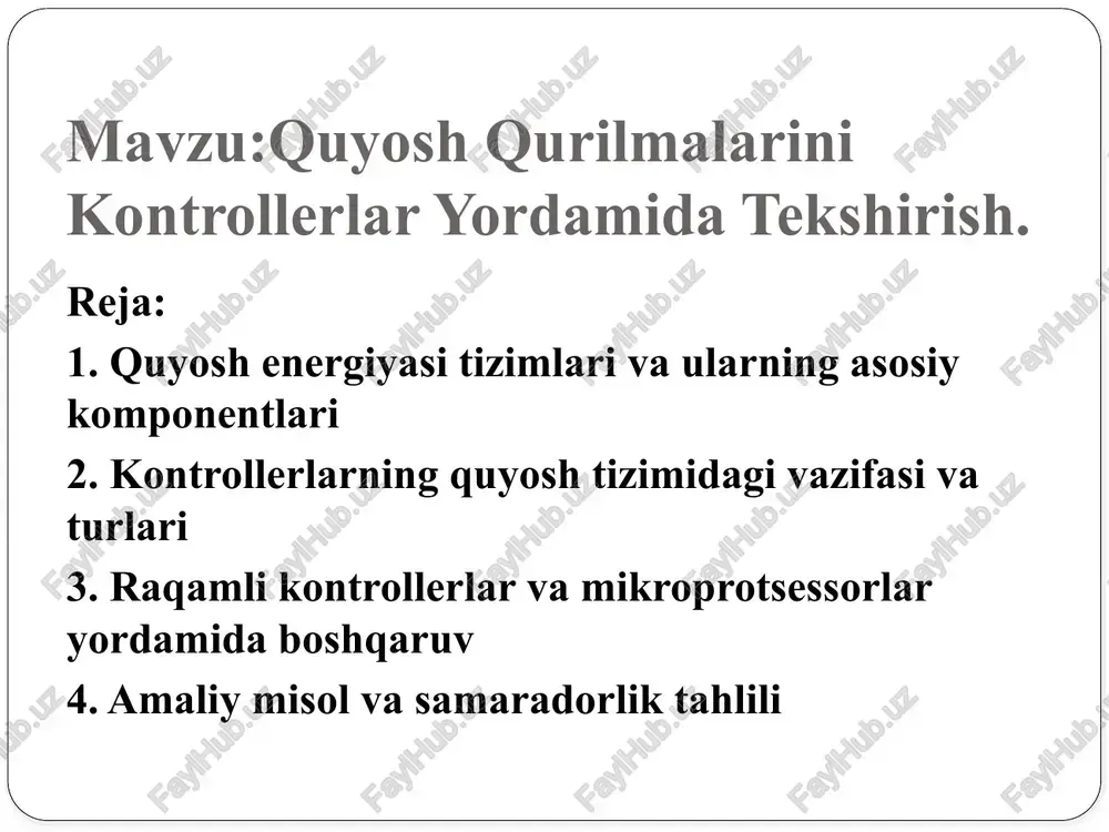 yasiga aylantiradi. ular ko‘pincha silikonli fotoelementlardan tayyorlanadi. to‘g‘ri tok (dc) hosil qiladi. kontroller (zaryad boshqaruvchisi) quyosh panelidan kelayotgan tokni nazorat qiladi. akkumulyatorga ortiqcha tok ketmasligi, kuchlanish haddan oshib ketmasligi uchun javob beradi. akkumulyator (batareya) elektr energiyasini saqlab turadi. quyosh bo‘lmagan vaqtda (kechasi yoki bulutli kunda) saqlangan energiyani tizimga beradi. invertor akkumulyatordan chiqqan to‘g‘ri tokni (dc) o‘zgaruvchan tokka (ac) aylantiradi, ya'ni oddiy uy jihozlari ishlatadigan elektrni tayyorlaydi. sensorlar (agar tizim aqlli bo‘lsa) harorat, kuchlanish, tok miqdori va boshqa parametrlarni o‘lchaydi. mikroprotsessorlar (masalan, arduino) orqali ma'lumotlarni qayta ishlash va monitoring qilish mumkin. display yoki monitoring tizimi (ixtiyoriy) panel qanday ishlayapti, qancha tok ishlab chiqdi, kuchlanish qanday — bularning barchasini ko‘rsatib turadi. quyosh panellari — bu atrof-muhitga zarar yetkazmasdan elektr olishning eng qulay va zamonaviy usulidir. ular quyosh nuridan foydalangan holda elektr tokini hosil qiladi va bu tok keyinchalik turli qurilmalarni ishlatishda foydalaniladi. biroq, panellar mustaqil ishlamaydi — ularni kontroller, akkumulyator va invertor …