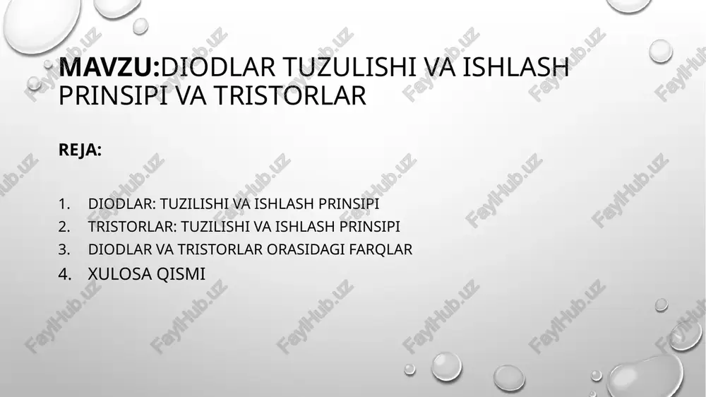 chirish uchun oqimni pasaytirish zarur. qo'llanilishi: elektr energiyasini boshqarish elektr motorlarini boshqarish tezlik regulyatsiyasi o'chirish va yoqish uchun (masalan, elektr isitish elementlari) 2. triac tuzilishi: triac ham p-n-p-n tuzilishga ega, lekin u ikki yo'nalishda ham ishlay oladi. ishlash prinsipi: triac bir marta yoqilganda, ikki yo'nalishda ham energiya oqimini boshqarishi mumkin. qo'llanilishi: alternativ tokni boshqarishda chiroqlarni dimmer bilan boshqarish elektr quvvatini boshqarish motor tezligini boshqarish 3. diac tuzilishi: diac - p-n-p-n tuzilishida, lekin u asosan yoniq holatda ishlaydi. ishlash prinsipi: diac faqat kuchlanish ma'lum bir darajaga yetganda yoqiladi va undan keyin oqimni o'tkazadi. qo'llanilishi: chiroq dimmerlarida elektr uzatish qurilmalari shartli kuchlanish o'tkazuvchilarda diodlar va tristorlar orasidagi farqlar diodlar faqat oldinga toki o'tkazadi, tristorlar esa o'z-o'zidan ishlashni davom ettiradi. qo'llanilish sohalari: diodlar asosan to'g'ri tokni yo'naltirishda, tristorlar esa kuchlanish va oqimni boshqarish uchun. afzalliklar va kamchiliklar: diodlar oddiy va ishonchli, lekin faqat bir yo'nalishda ishlaydi. tristorlar esa kuchli yuklarni boshqarishda foydali, lekin …