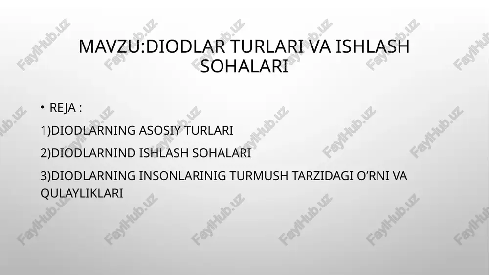 . ular kuchlanishning o'zgarishiga qarshi himoya sifatida elektr ta'minot tizimlarida qo'llaniladi. 3. yoritish va indikatorlar: ledlar (yorug‘lik chiqaruvchi diodlar) ko'pincha yoritish tizimlarida, displeylarda, televizor ekranlarida va boshqa ko'rsatuvchi qurilmalarda ishlatiladi. ular energiyani tejash va uzoq xizmat qilish muddati bilan ajralib turadi. 4. tezkor kalitlar va o‘zgartirish sxemalari: shotki diodlar past kuchlanish tushishi va yuqori tezlikdagi xususiyatlari tufayli yuqori chastotali elektron qurilmalarda, ayniqsa kompyuter va aloqa texnologiyalarida ishlatiladi. 5. yorug‘lik sezuvchi qurilmalar: fotodiodlar yorug‘likni elektr signaliga aylantirish qobiliyatiga ega. ular ko‘pincha quyosh panellari, optik tolali aloqa tizimlari va kameralar kabi yorug‘likka sezgir sensorlarda ishlatiladi. bu turlar diodlarning turli muhitlarda va qurilmalarda o‘ziga xos vazifalarni bajarishiga imkon beradi diodlar elektr energiyasini to'g'rilash, signalizatsiya qilish va yorug'lik chiqarish kabi ko'plab sohalarda ishlatiladi. asosiy ishlash sohalari quyidagilar: elektronika va elektr zanjirlari: diodlar kuchlanishni bir yo'nalishda o'tkazish, qarama-qarshi yo'nalishda esa to'sish uchun ishlatiladi. shuningdek, o'zgaruvchan tokni (ac) to'g'rilashda (dc ga aylantirishda) qo'llaniladi. 2. yoritish texnologiyalari: …