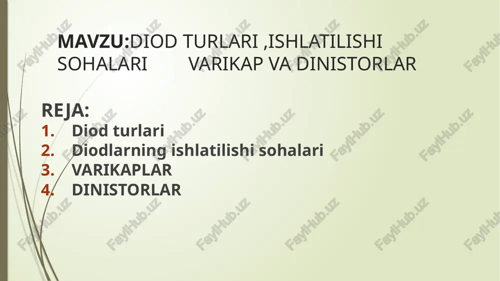 ilmalarda qo'llash mumkin. diodlarning qurilmalarda qo'llanilishi diodlar ko'plab elektron qurilmalarda ishlatiladi, jumladan: quvvat manbalari: to'g'rilash, kuchlanishni nazorat qilish. aloqa tizimlari: signalni to'g'rilash va uzatish. yorug'lik manbalari: ledlar bilan yoritish tizimlarida. sensorlar va o'lchov qurilmalari: diodlar o'zgaruvchan holatlarda ma'lumotni qabul qilishda. diodlarning ishlatilishi sohalari elektronika va avtomatika diodlar elektronika va avtomatika sohalarida asosiy komponentlardan biridir. ular kuchlanishni to'g'rilash, impulslarni nazorat qilish va signal uzatishda ishlatiladi. masalan: quvvat manbalari: diodlar ac (alternativ tok) ni dc (doimiy tok) ga aylantirish uchun ishlatiladi. tizimni himoya qilish: diodlar qizish va haddan tashqari kuchlanishdan himoya qilishda muhim ahamiyatga ega. energiya ishlab chiqarish diodlar energiya ishlab chiqarish tizimlarida ham keng qo'llaniladi: quyosh energiyasi: quyosh panellarida led diodlar quyosh energiyasini elektr energiyasiga aylantirishda muhim rol o'ynaydi. quvvat boshqarish: zener diodlar kuchlanishni nazorat qilish va muvozanatni saqlashda qo'llaniladi. aloqa texnologiyalari aloqa tizimlarida diodlar signal uzatish va qabul qilishda muhim ahamiyatga ega: modemlar va telefonlar: diodlar ma'lumotlarni raqamli formatda uzatish …