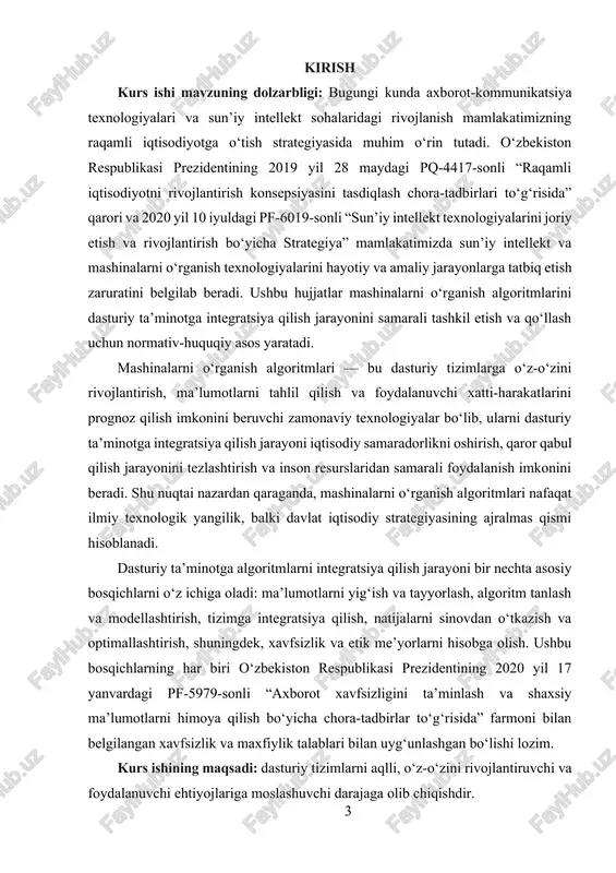 8 maydagi pq-4417-sonli “raqamli iqtisodiyotni rivojlantirish konsepsiyasini tasdiqlash chora-tadbirlari to‘g‘risida” qarori va 2020 yil 10 iyuldagi pf-6019-sonli “sun’iy intellekt texnologiyalarini joriy etish va rivojlantirish bo‘yicha strategiya” mamlakatimizda sun’iy intellekt va mashinalarni o‘rganish texnologiyalarini hayotiy va amaliy jarayonlarga tatbiq etish zaruratini belgilab beradi. ushbu hujjatlar mashinalarni o‘rganish algoritmlarini dasturiy ta’minotga integratsiya qilish jarayonini samarali tashkil etish va qo‘llash uchun normativ-huquqiy asos yaratadi. mashinalarni o‘rganish algoritmlari — bu dasturiy tizimlarga o‘z-o‘zini rivojlantirish, ma’lumotlarni tahlil qilish va foydalanuvchi xatti-harakatlarini prognoz qilish imkonini beruvchi zamonaviy texnologiyalar bo‘lib, ularni dasturiy ta’minotga integratsiya qilish jarayoni iqtisodiy samaradorlikni oshirish, qaror qabul qilish jarayonini tezlashtirish va inson resurslaridan samarali foydalanish imkonini beradi. shu nuqtai nazardan qaraganda, mashinalarni o‘rganish algoritmlari nafaqat ilmiy texnologik yangilik, balki davlat iqtisodiy strategiyasining ajralmas qismi hisoblanadi. dasturiy ta’minotga algoritmlarni integratsiya qilish jarayoni bir nechta asosiy bosqichlarni o‘z ichiga oladi: ma’lumotlarni yig‘ish va tayyorlash, algoritm tanlash va modellashtirish, tizimga integratsiya qilish, natijalarni sinovdan o‘tkazish va …