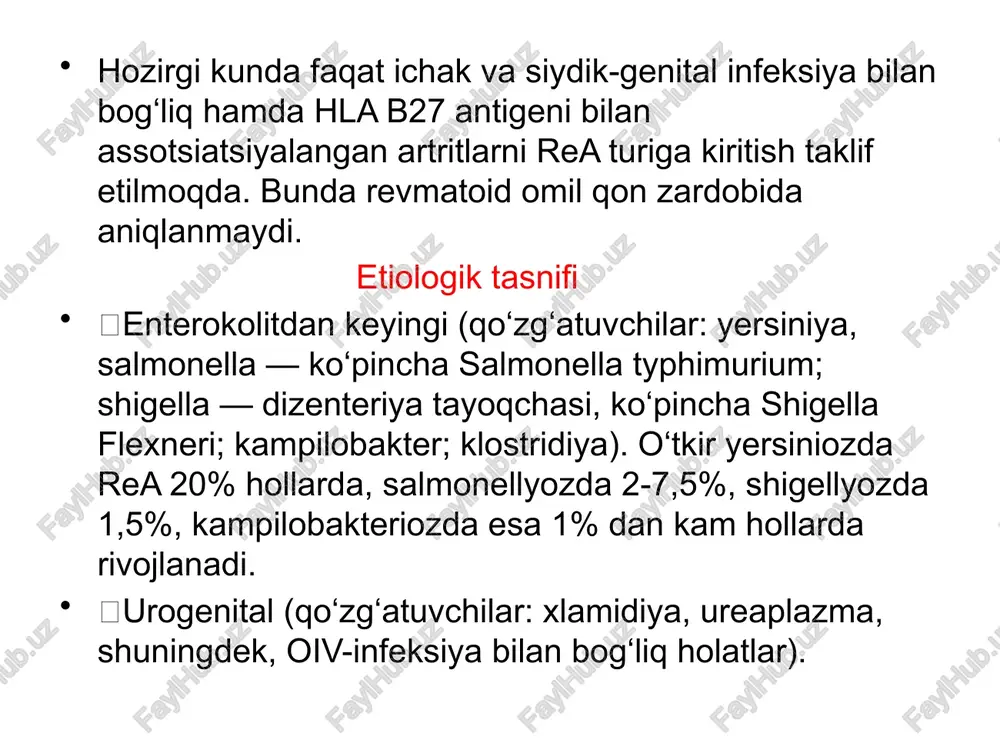 brin, siydik kislotasi. 3.bo‘g‘imlarning rentgenografiyasi 4.sinovial suyuqlikni tekshirish 5.koprokultura va serologik tekshiruvlar – patogenni aniqlash uchun 6.hla tizimi antigenlarini va revmatoid omilni tekshirish 7.uretradan olingan surtma namunasida xlamidiyalarni aniqlash va qonda xlamidiyalarga qarshi antitanalarni tekshirish 8.qonda yersiniyalarga qarshi antitanalarni aniqlash laboratoriya ma'lumotlari 1.umumiy qon tahlili: echt ortishi, kamqonlik va leyko-tsitoz belgilari bo‘lishi mumkin. 2.biokimyoviy qon tahlili: α2- va γ-globulinlar, fibrin, seromukoid, siyal kislotalarining ortishi, c-reaktiv oqsil. 3. bakteriologik va serologik tekshiruvlar infektsiyani tasdiqlaydi. 4. sinovial suyuqlik tekshiruvi – yallig‘lanish jarayonlari aniqlanadi: suyuqlik loyqa, sarg‘ish, yopishqoqligi past leykotsitlar soni: 2-100 × 10⁹/l, neytrofillar 50% dan ortiq, mukinli to‘plamlar paydo bo‘ladi spesifik antitanalar aniqlanadi. 5. hla tizimi antigenlarini tekshirish – b27 turi aniqlanadi. reaktiv artritni davolash reaktiv artritni davolash individal tarzda va statsionar sharoitda olib borilishi kerak, chunki uning rivojlanishi turli infektsiyalar bilan bog‘liq bo‘lishi mumkin. davolashning asosiy maqsadi infektsiyani yo‘qotish, kasallikning to‘liq davolanishi hisoblanadi. agar faol infektsiya belgilari saqlanib qolsa, antibiotiklar …